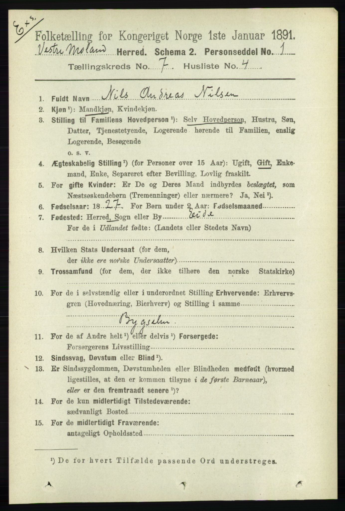 RA, Census 1891 for Nedenes amt: Gjenparter av personsedler for beslektede ektefeller, menn, 1891, p. 819