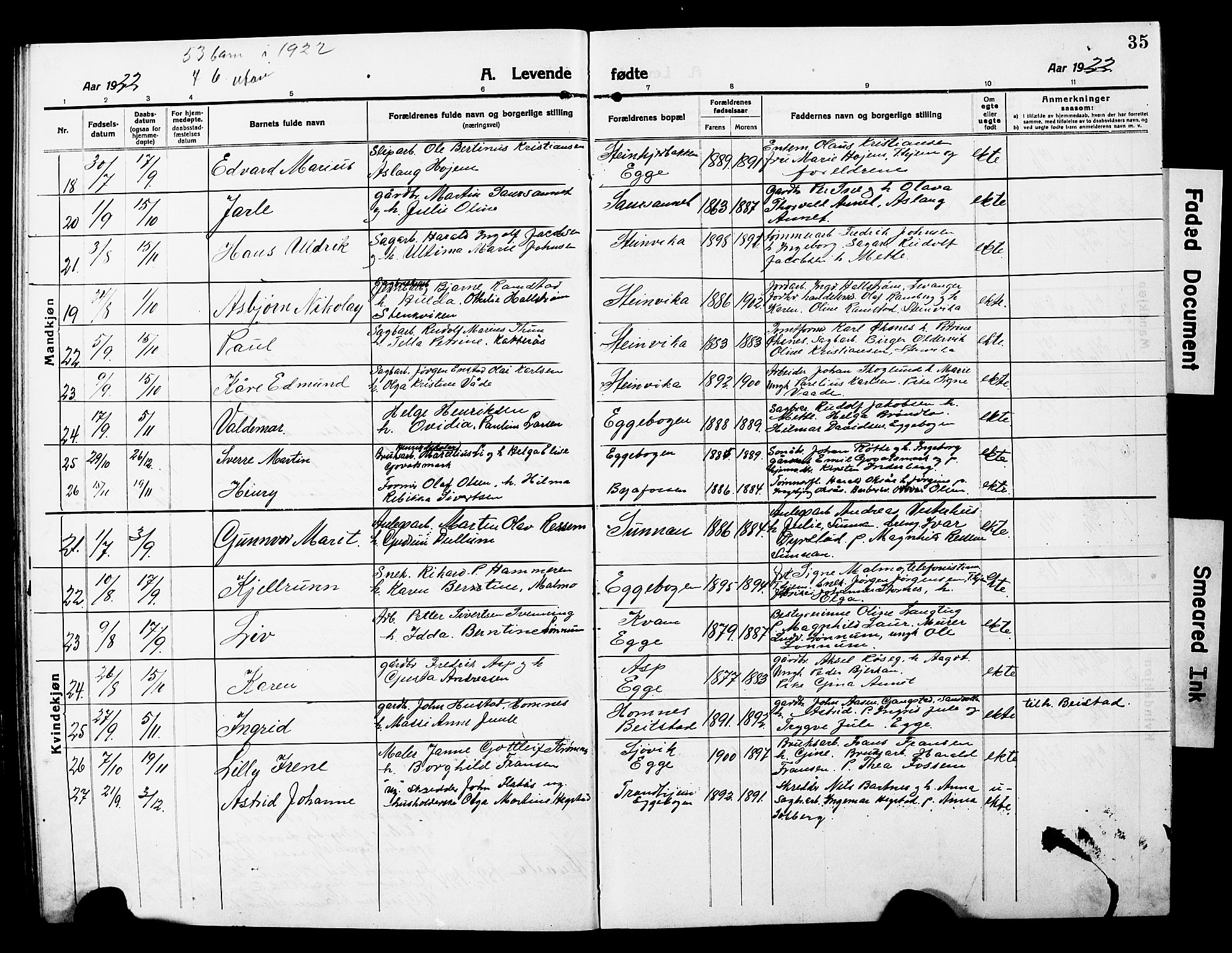 Ministerialprotokoller, klokkerbøker og fødselsregistre - Nord-Trøndelag, SAT/A-1458/740/L0382: Parish register (copy) no. 740C03, 1915-1927, p. 35