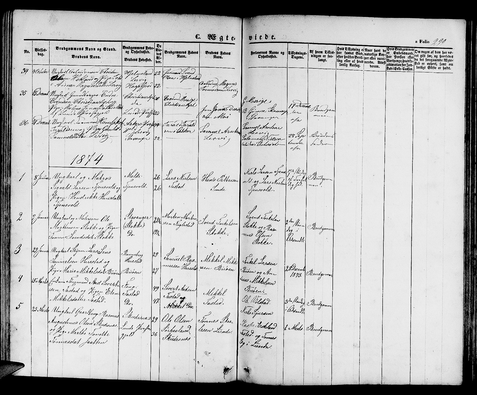 Hetland sokneprestkontor, AV/SAST-A-101826/30/30BB/L0003: Parish register (copy) no. B 3, 1863-1877, p. 299