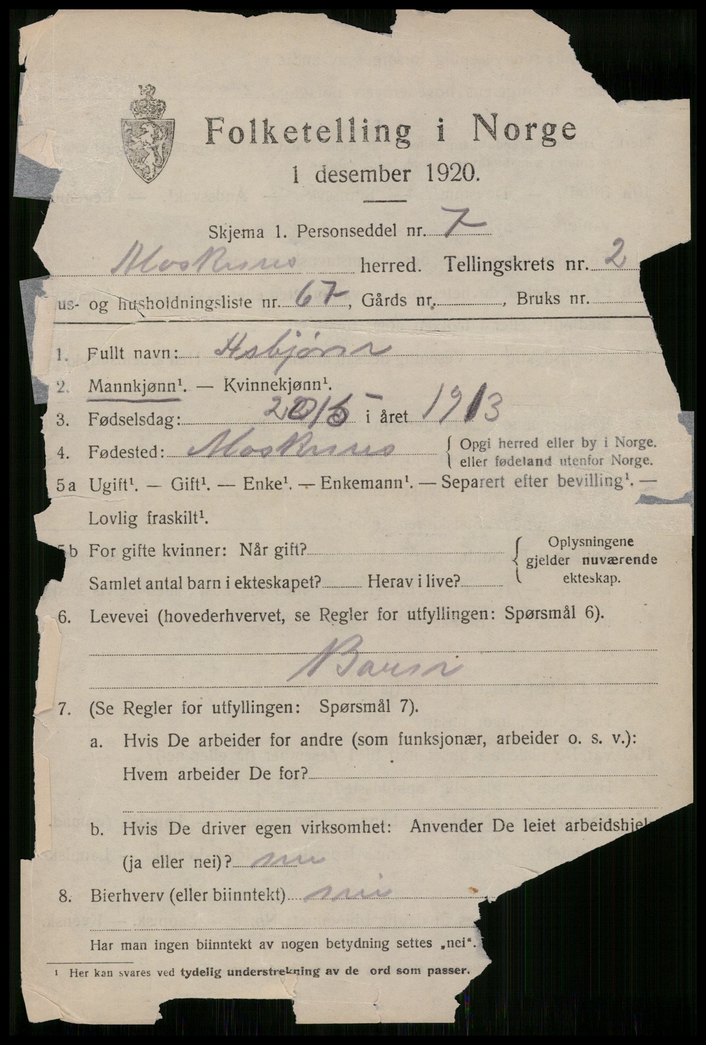 SAT, 1920 census for Moskenes, 1920, p. 1736