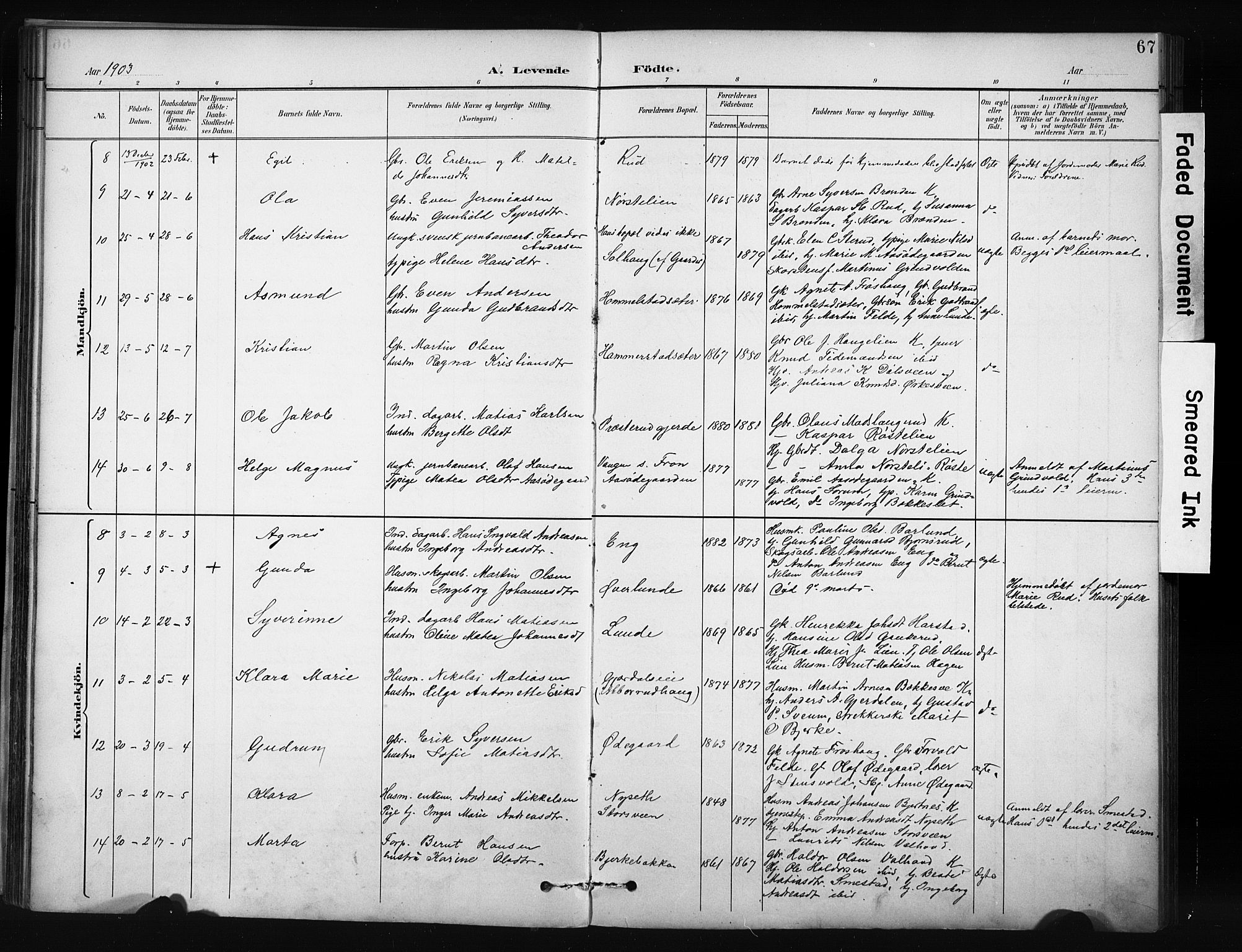 Nordre Land prestekontor, SAH/PREST-124/H/Ha/Hab/L0012: Parish register (copy) no. 12, 1891-1909, p. 67