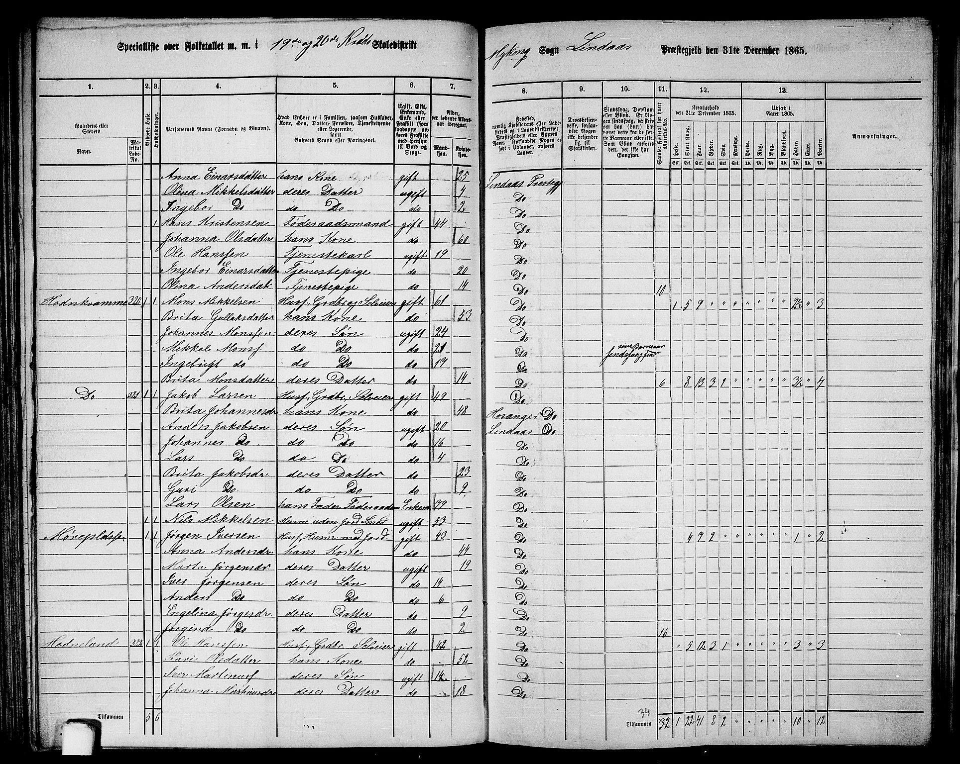 RA, 1865 census for Lindås, 1865, p. 136