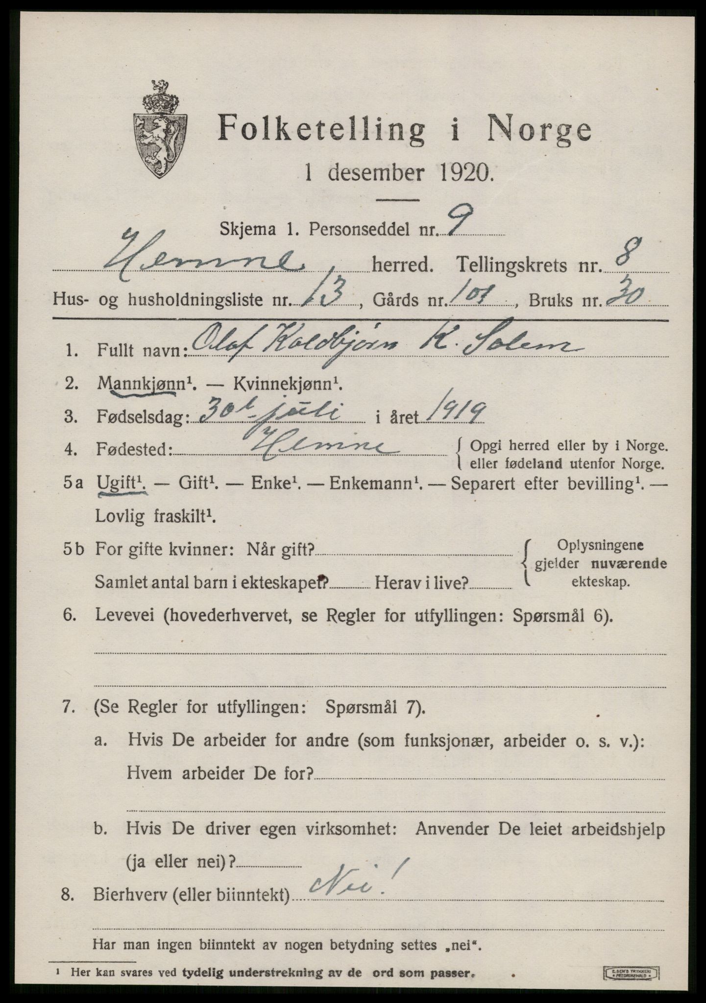 SAT, 1920 census for Hemne, 1920, p. 4852