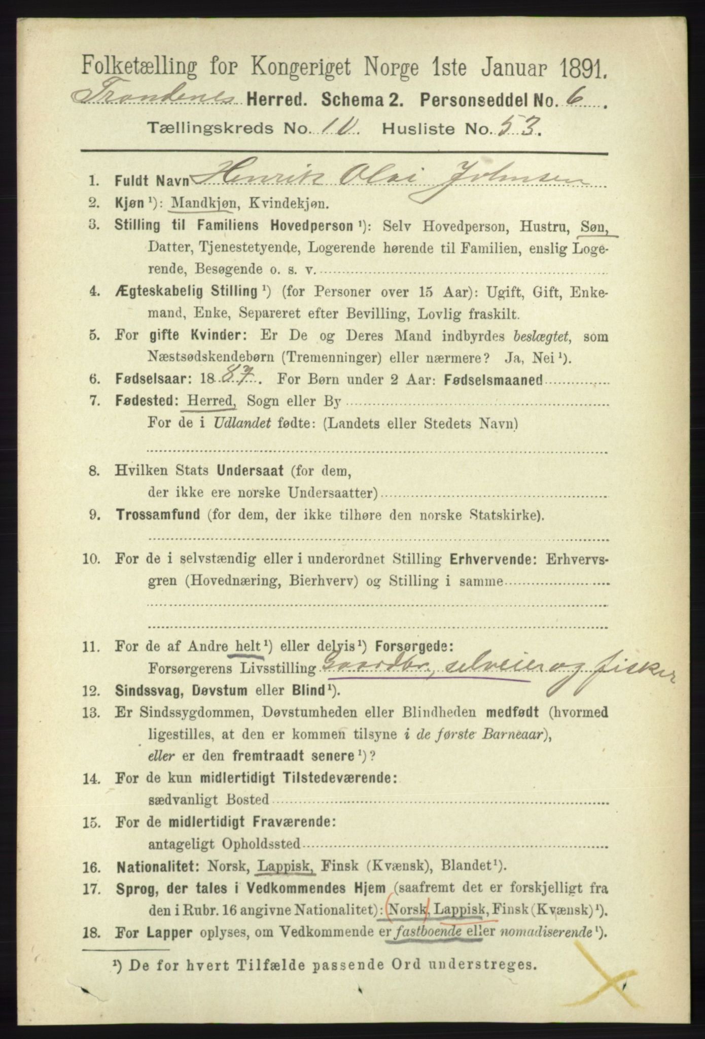 RA, 1891 census for 1914 Trondenes, 1891, p. 7863