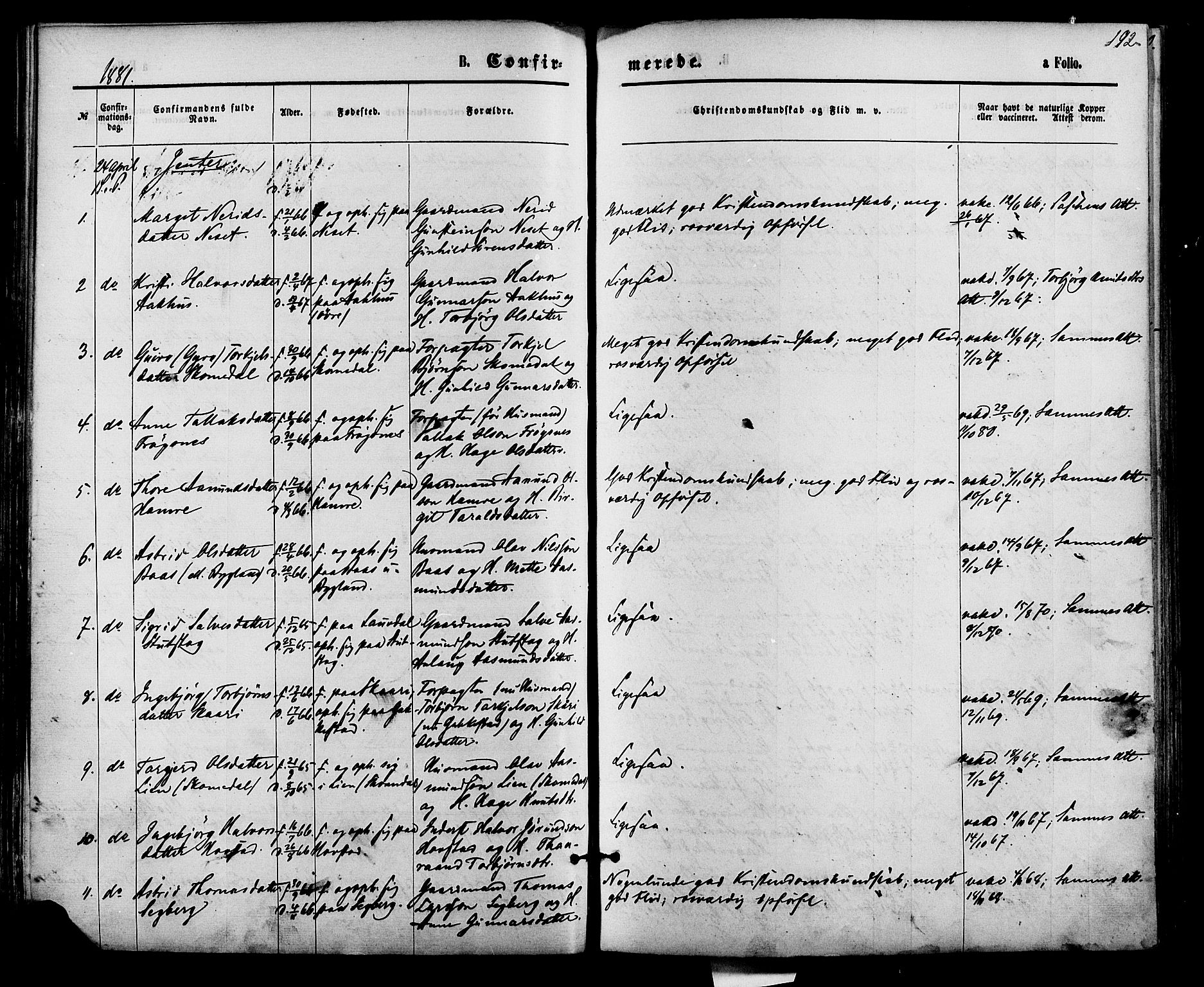 Bygland sokneprestkontor, AV/SAK-1111-0006/F/Fa/Fab/L0006: Parish register (official) no. A 6, 1873-1884, p. 192