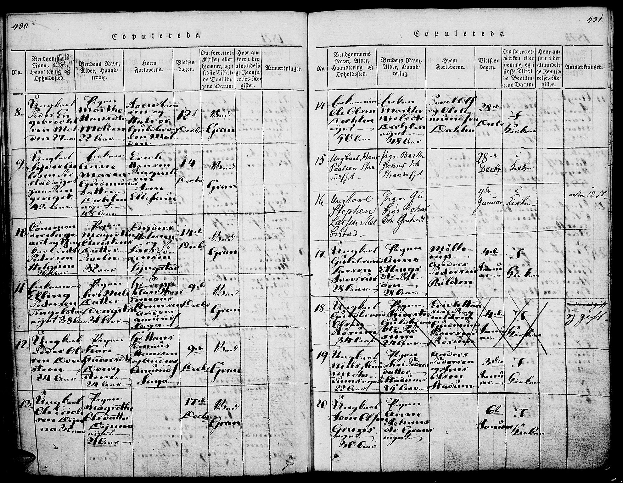 Gran prestekontor, SAH/PREST-112/H/Ha/Haa/L0009: Parish register (official) no. 9, 1815-1824, p. 430-431