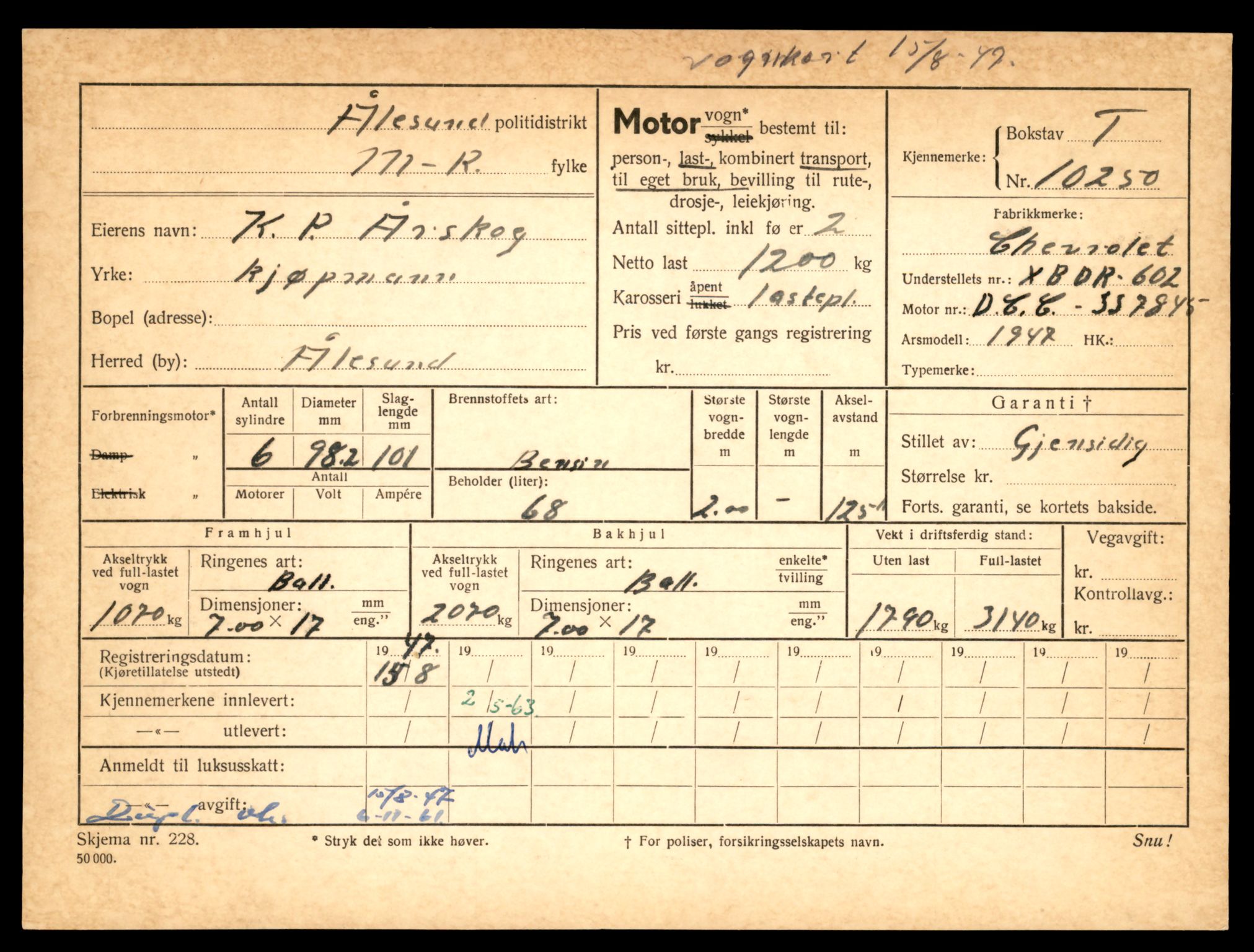 Møre og Romsdal vegkontor - Ålesund trafikkstasjon, AV/SAT-A-4099/F/Fe/L0019: Registreringskort for kjøretøy T 10228 - T 10350, 1927-1998, p. 599