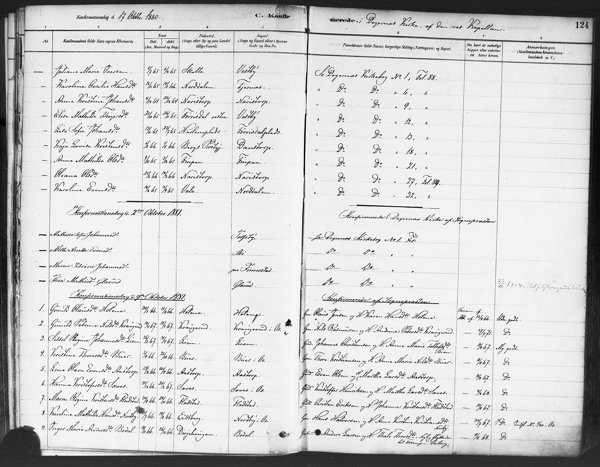 Rakkestad prestekontor Kirkebøker, AV/SAO-A-2008/F/Fa/L0012: Parish register (official) no. I 12, 1878-1893, p. 124