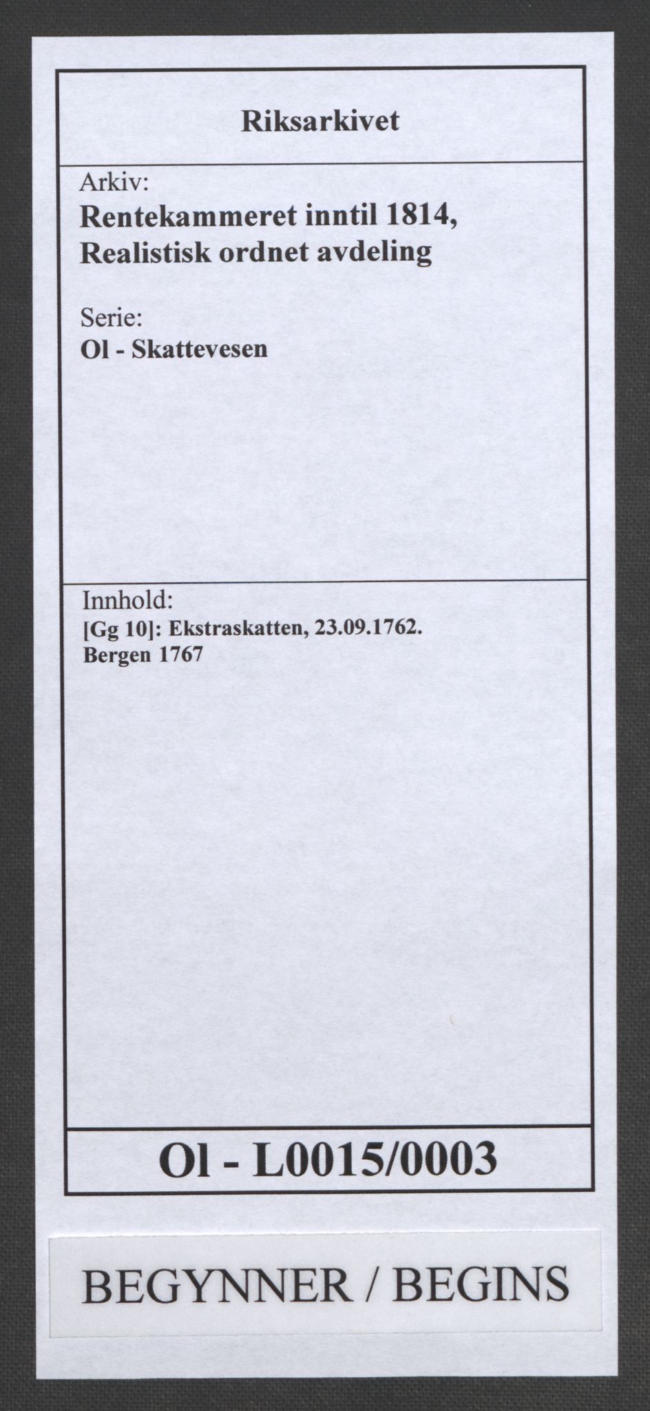 Rentekammeret inntil 1814, Realistisk ordnet avdeling, AV/RA-EA-4070/Ol/L0015/0003: [Gg 10]: Ekstraskatten, 23.09.1762. Stavanger by, Jæren og Dalane, Bergen / Bergen, 1767, p. 1
