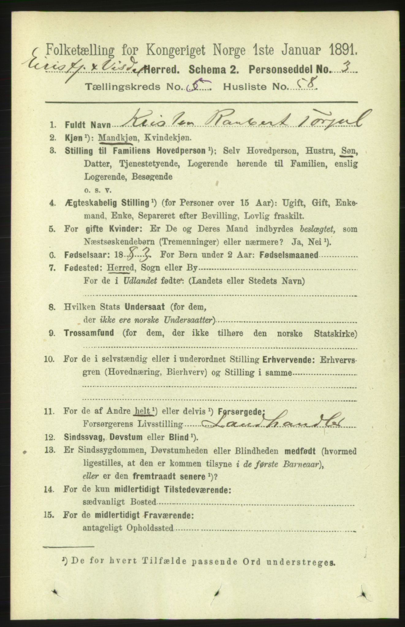 RA, 1891 census for 1542 Eresfjord og Vistdal, 1891, p. 1414