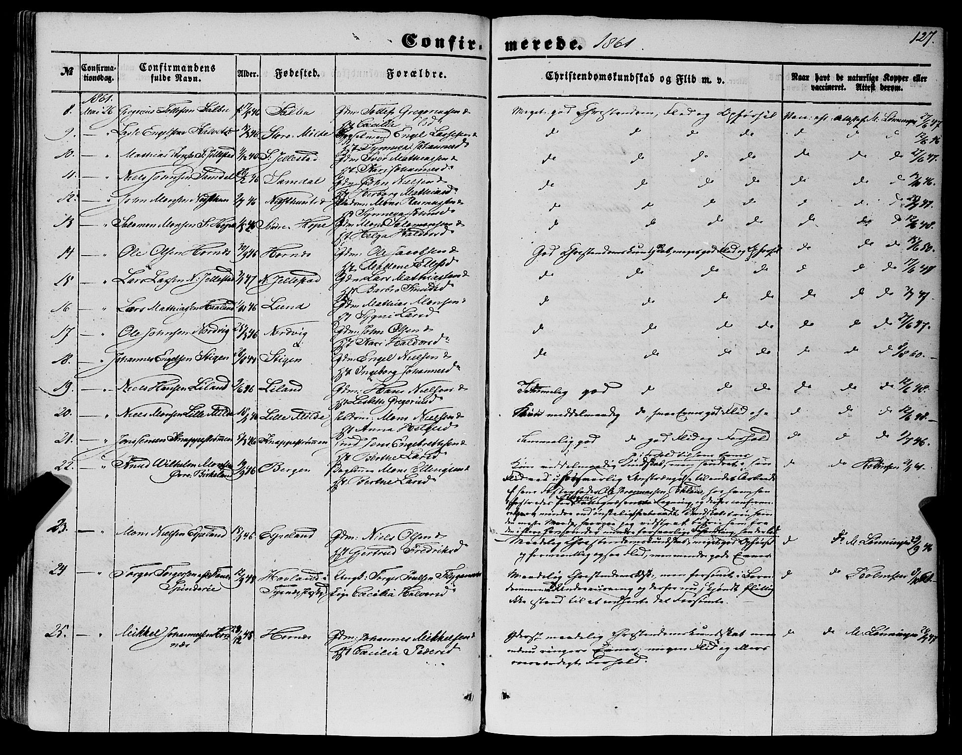 Fana Sokneprestembete, SAB/A-75101/H/Haa/Haaa/L0011: Parish register (official) no. A 11, 1851-1862, p. 127