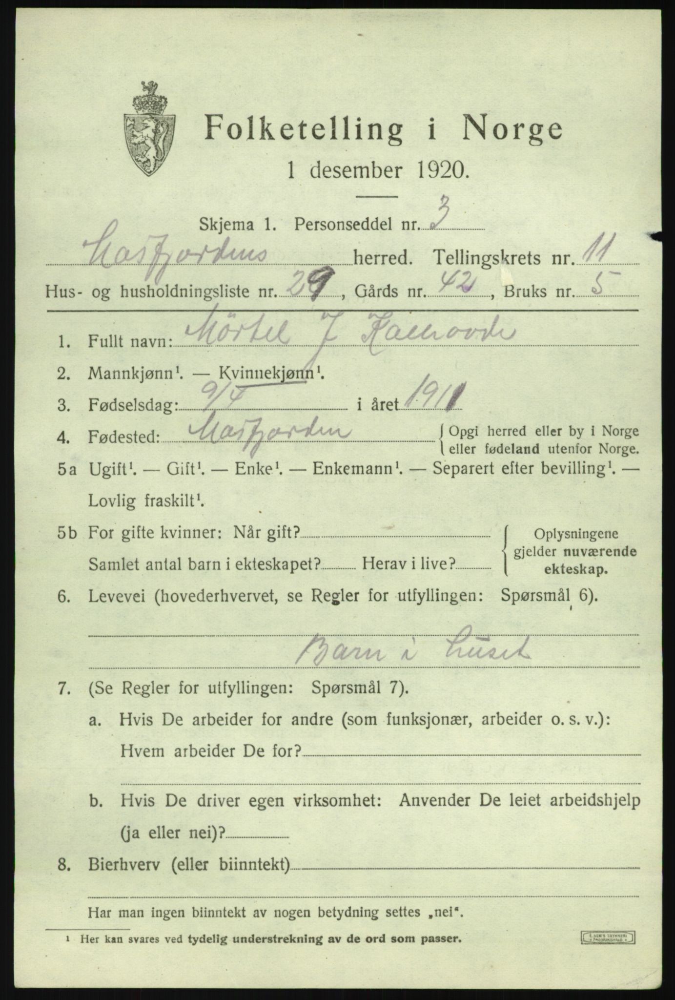 SAB, 1920 census for Masfjorden, 1920, p. 4471