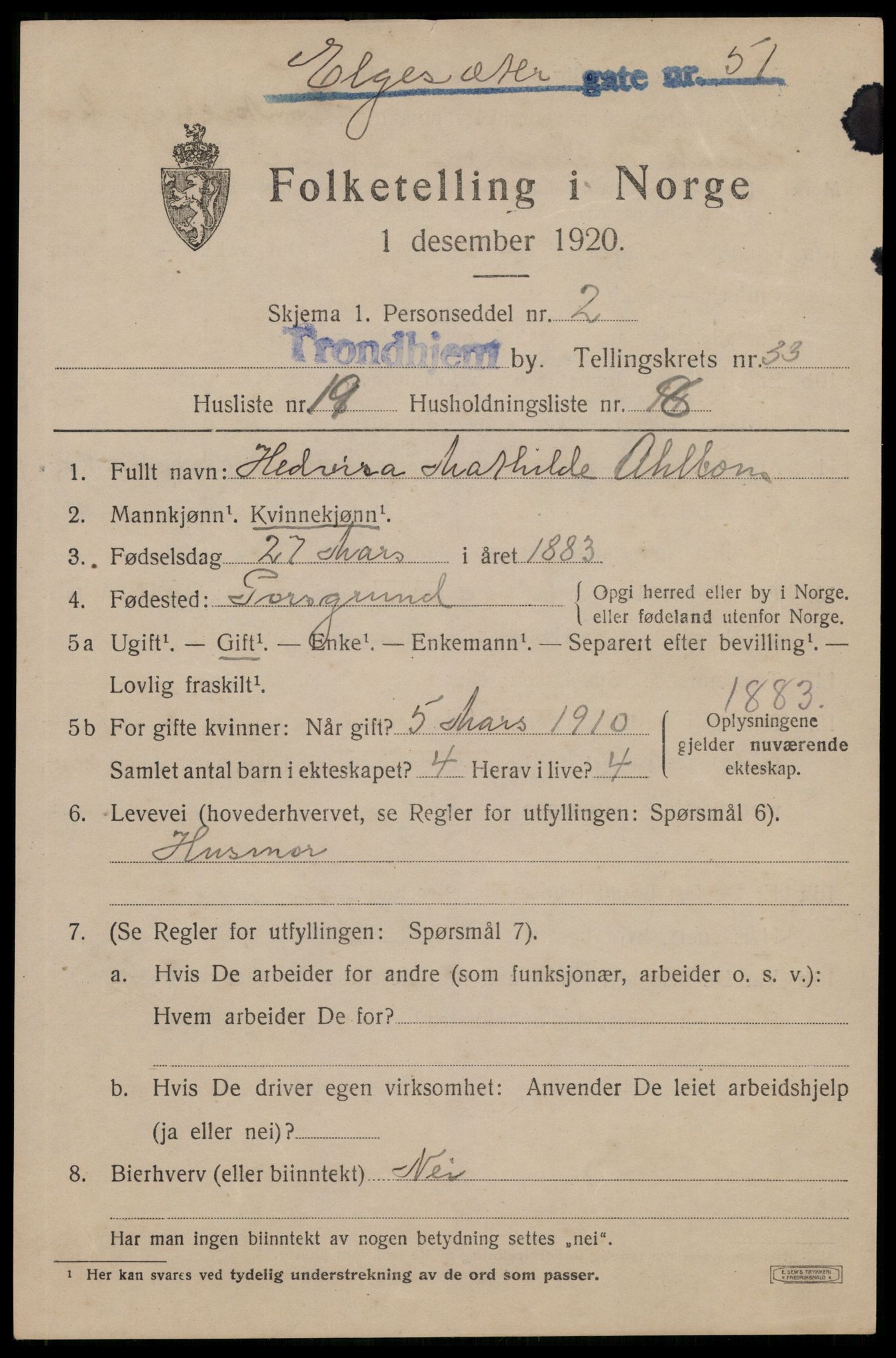 SAT, 1920 census for Trondheim, 1920, p. 79504