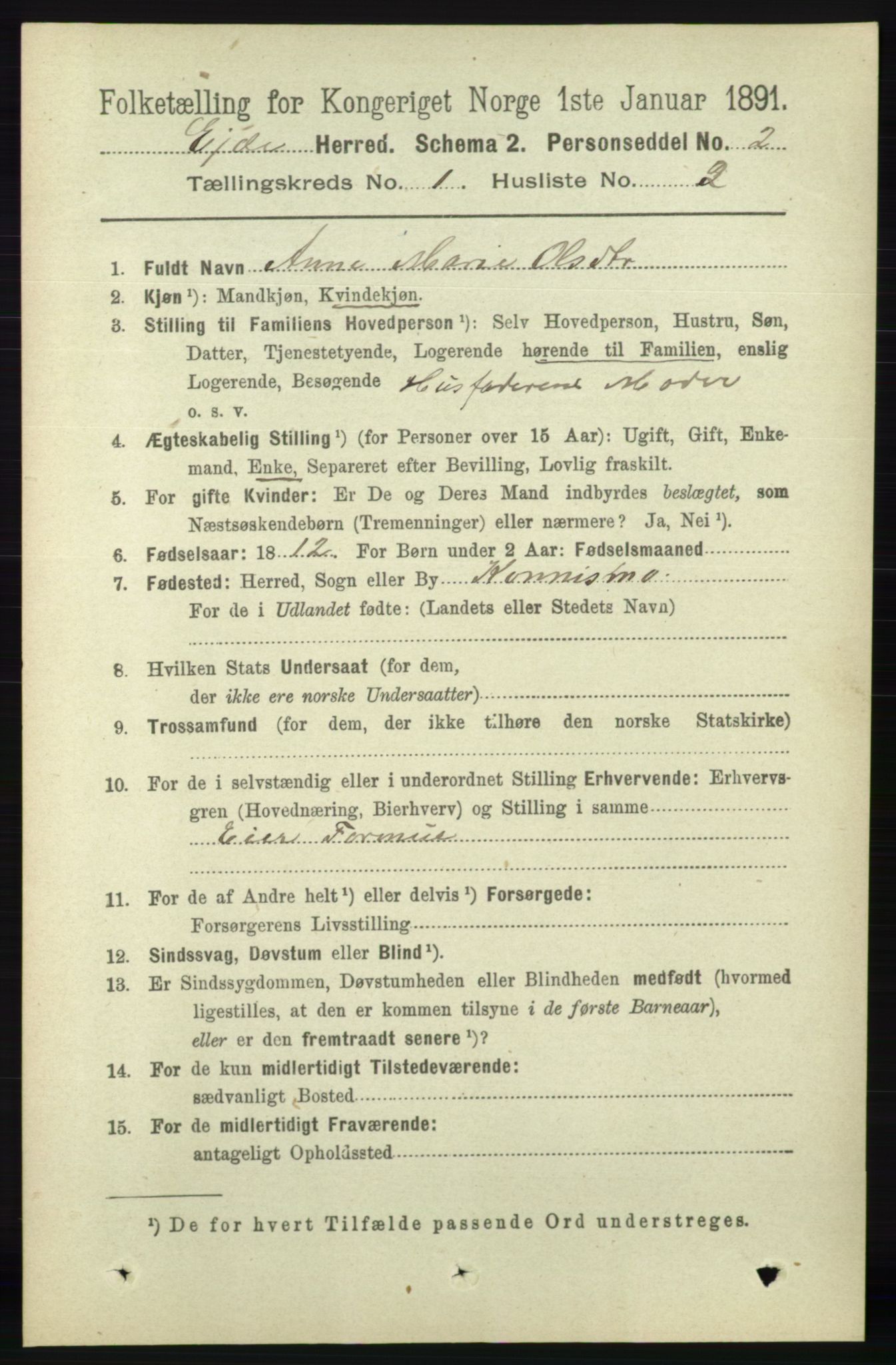 RA, 1891 census for 0925 Eide, 1891, p. 64