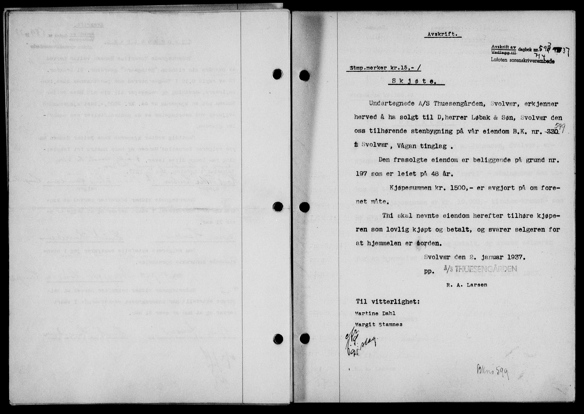 Lofoten sorenskriveri, SAT/A-0017/1/2/2C/L0002a: Mortgage book no. 2a, 1937-1937, Diary no: : 593/1937