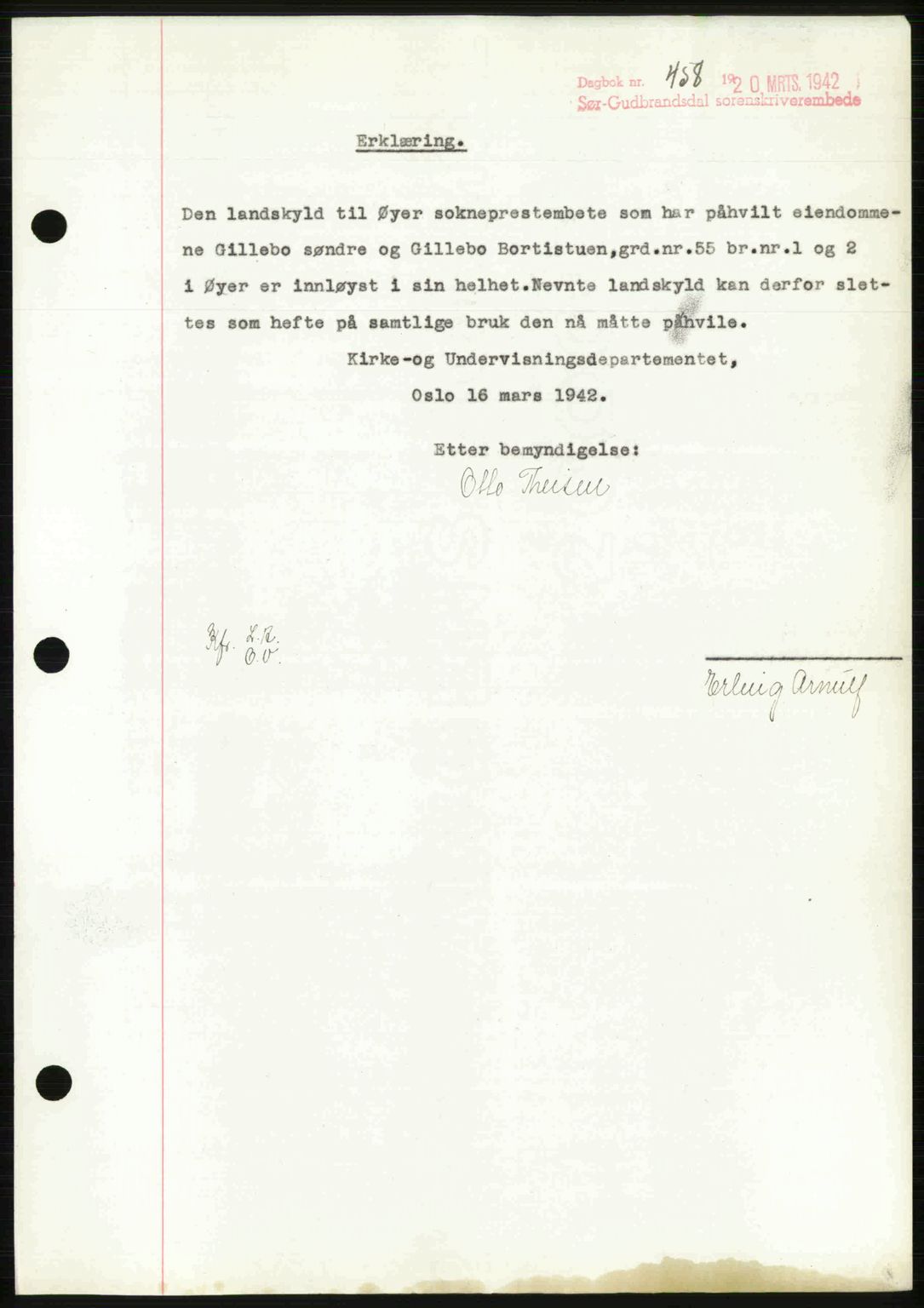 Sør-Gudbrandsdal tingrett, SAH/TING-004/H/Hb/Hbf/L0002: Mortgage book no. C1, 1938-1951, Diary no: : 458/1942