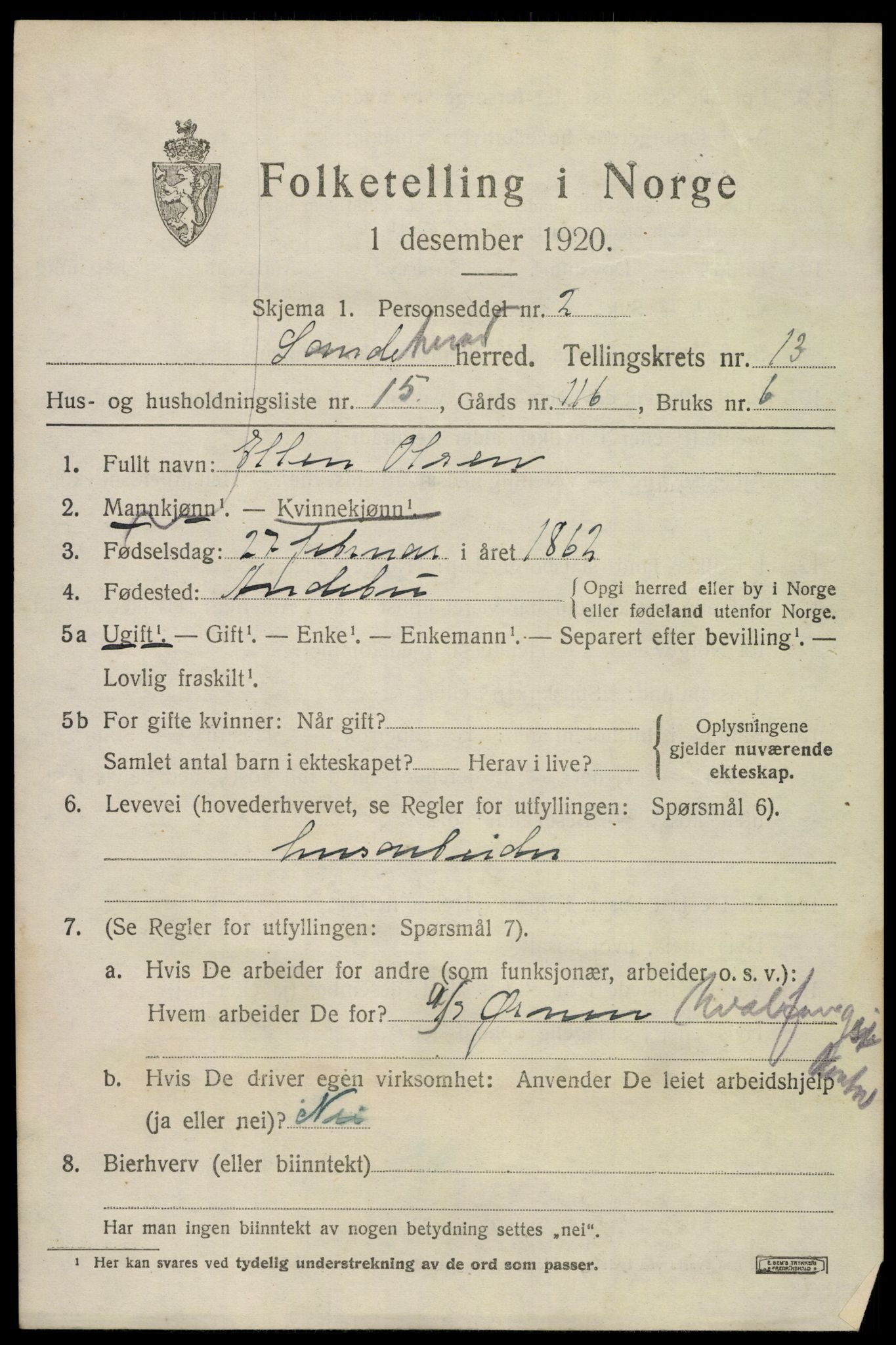 SAKO, 1920 census for Sandeherred, 1920, p. 19320