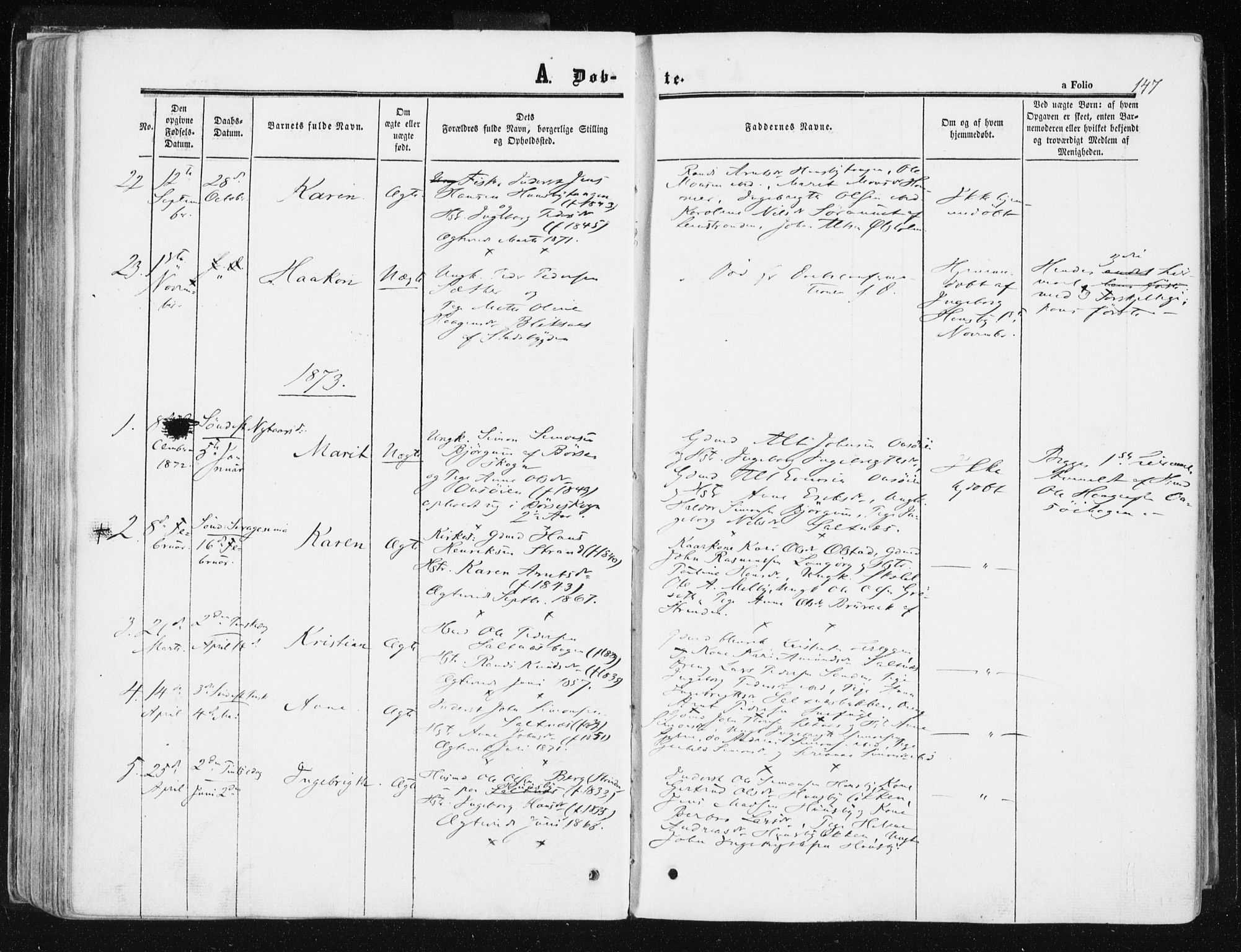 Ministerialprotokoller, klokkerbøker og fødselsregistre - Sør-Trøndelag, SAT/A-1456/612/L0377: Parish register (official) no. 612A09, 1859-1877, p. 147