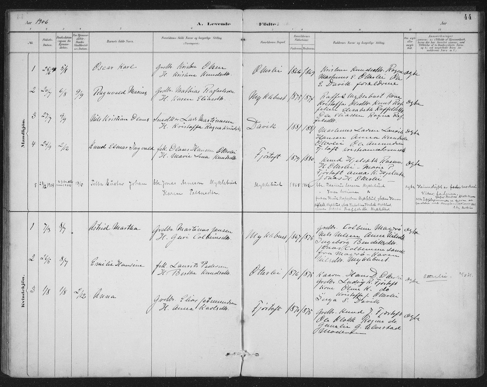 Ministerialprotokoller, klokkerbøker og fødselsregistre - Møre og Romsdal, SAT/A-1454/538/L0522: Parish register (official) no. 538A01, 1884-1913, p. 44