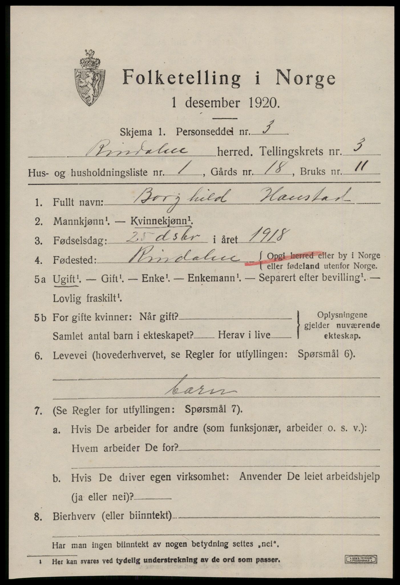 SAT, 1920 census for Rindal, 1920, p. 1608