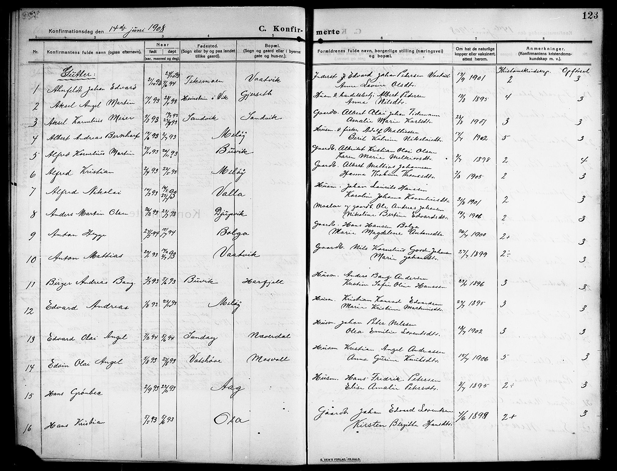 Ministerialprotokoller, klokkerbøker og fødselsregistre - Nordland, SAT/A-1459/843/L0639: Parish register (copy) no. 843C08, 1908-1924, p. 123
