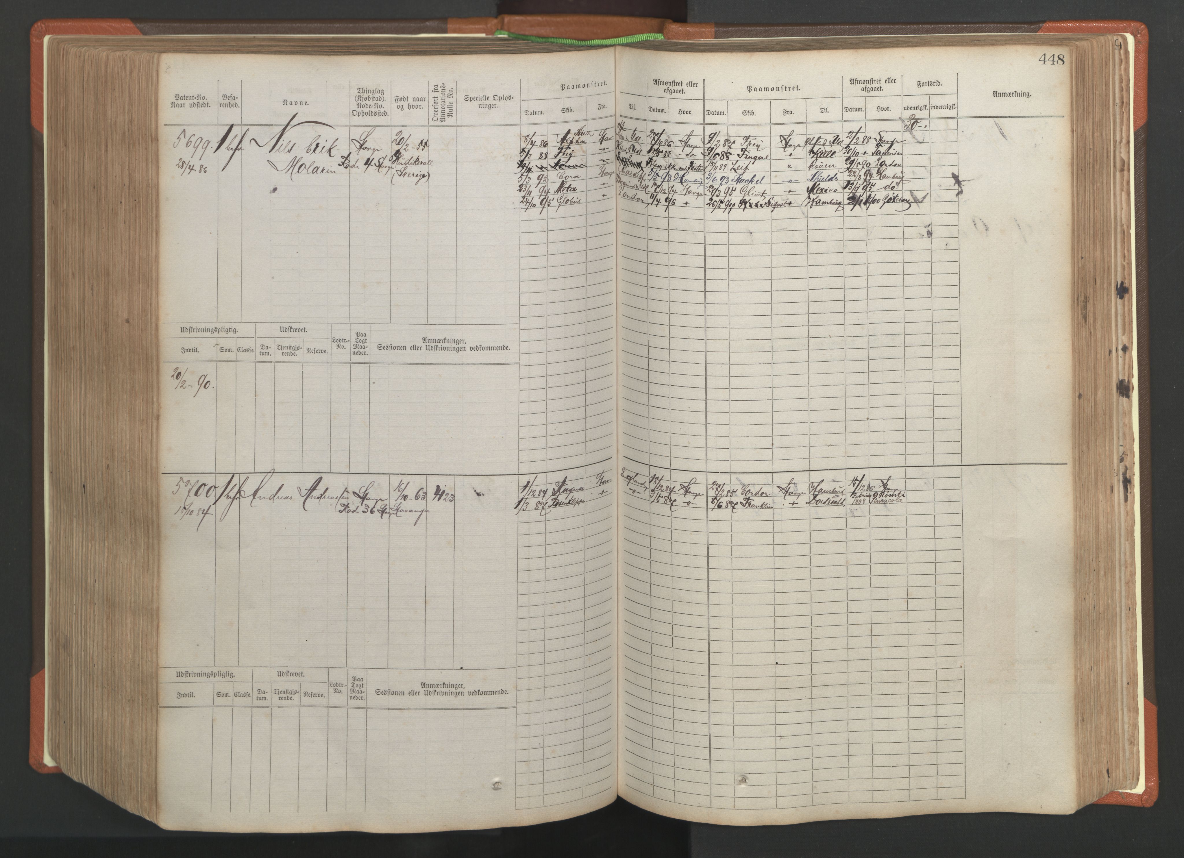 Stavanger sjømannskontor, AV/SAST-A-102006/F/Fb/Fbb/L0009: Sjøfartshovedrulle, patentnr. 4805-6006, 1879-1887, p. 454