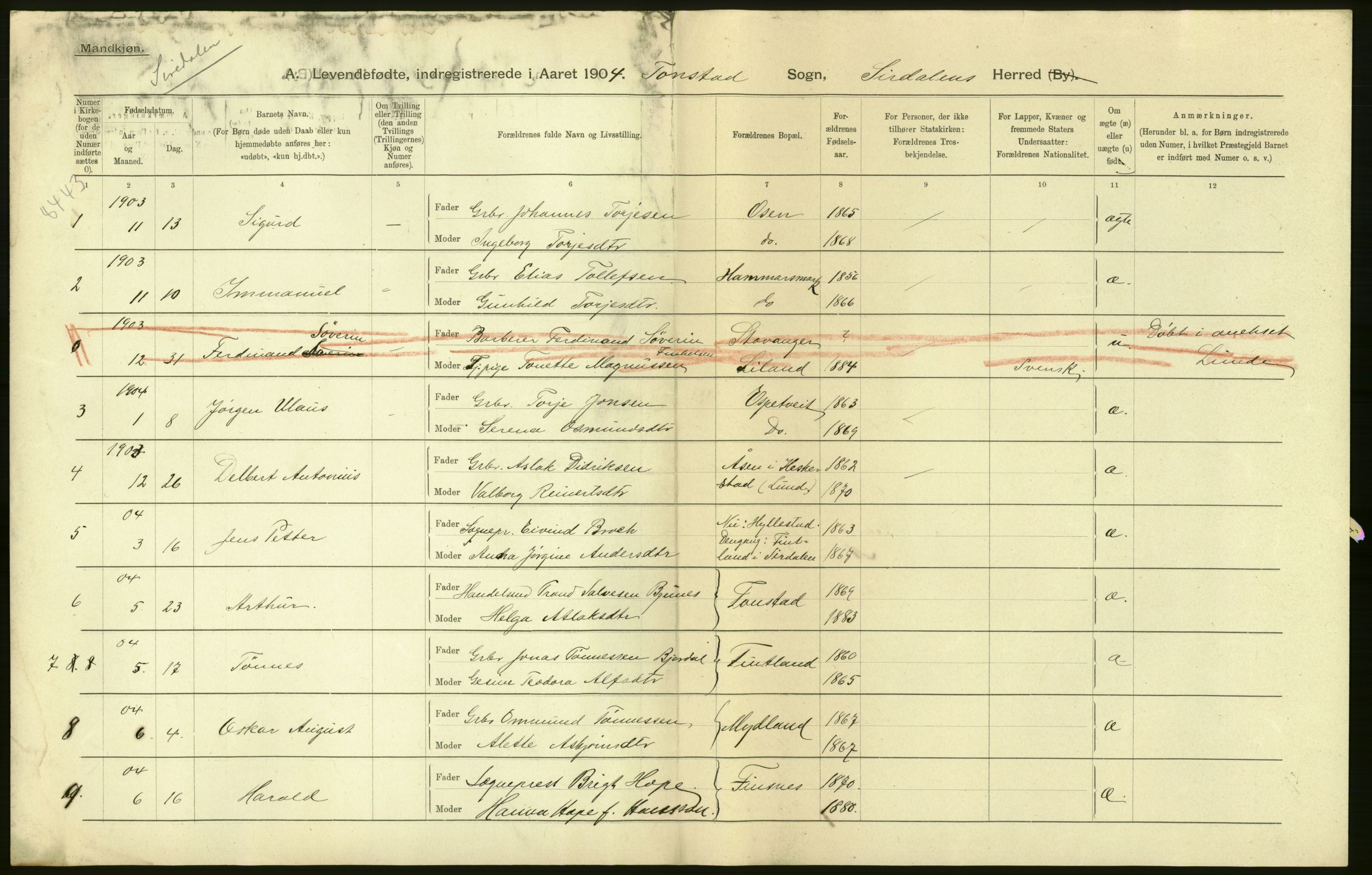 Statistisk sentralbyrå, Sosiodemografiske emner, Befolkning, AV/RA-S-2228/D/Df/Dfa/Dfab/L0011: Lister og Mandals amt: Fødte, gifte, døde, 1904, p. 10