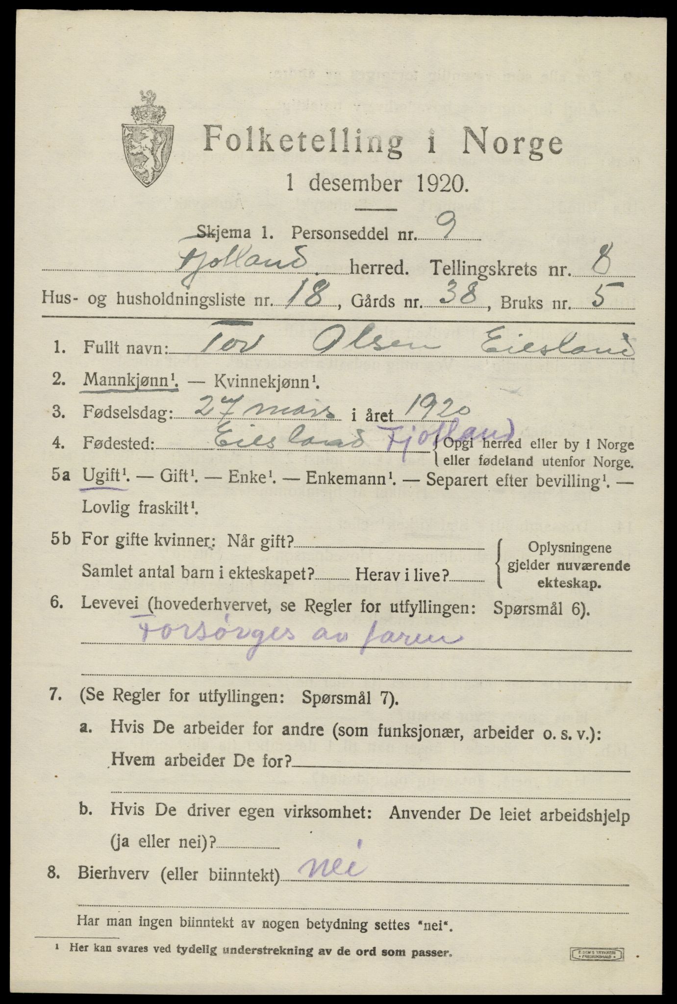 SAK, 1920 census for Fjotland, 1920, p. 2206