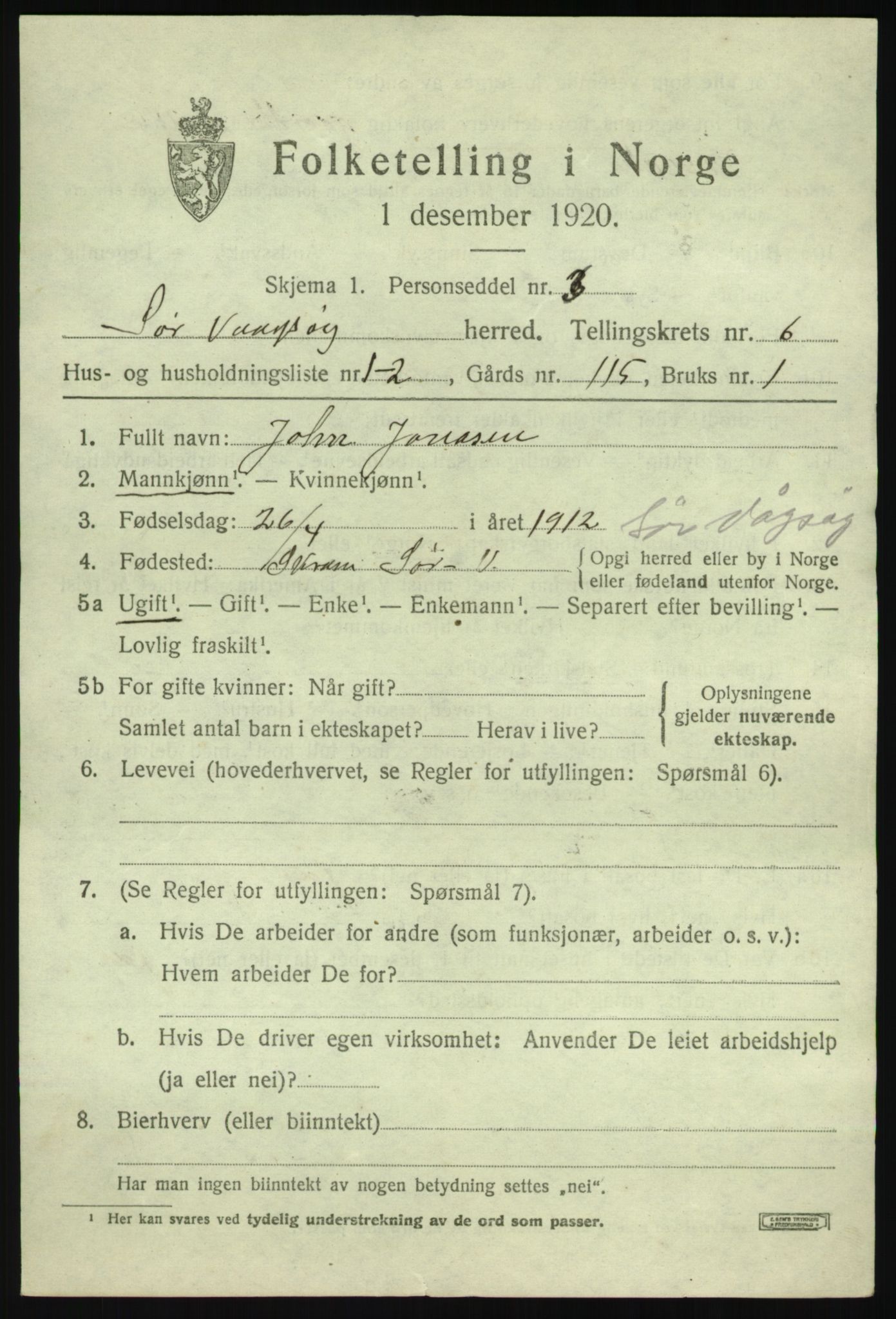 SAB, 1920 census for Sør-Vågsøy, 1920, p. 3298