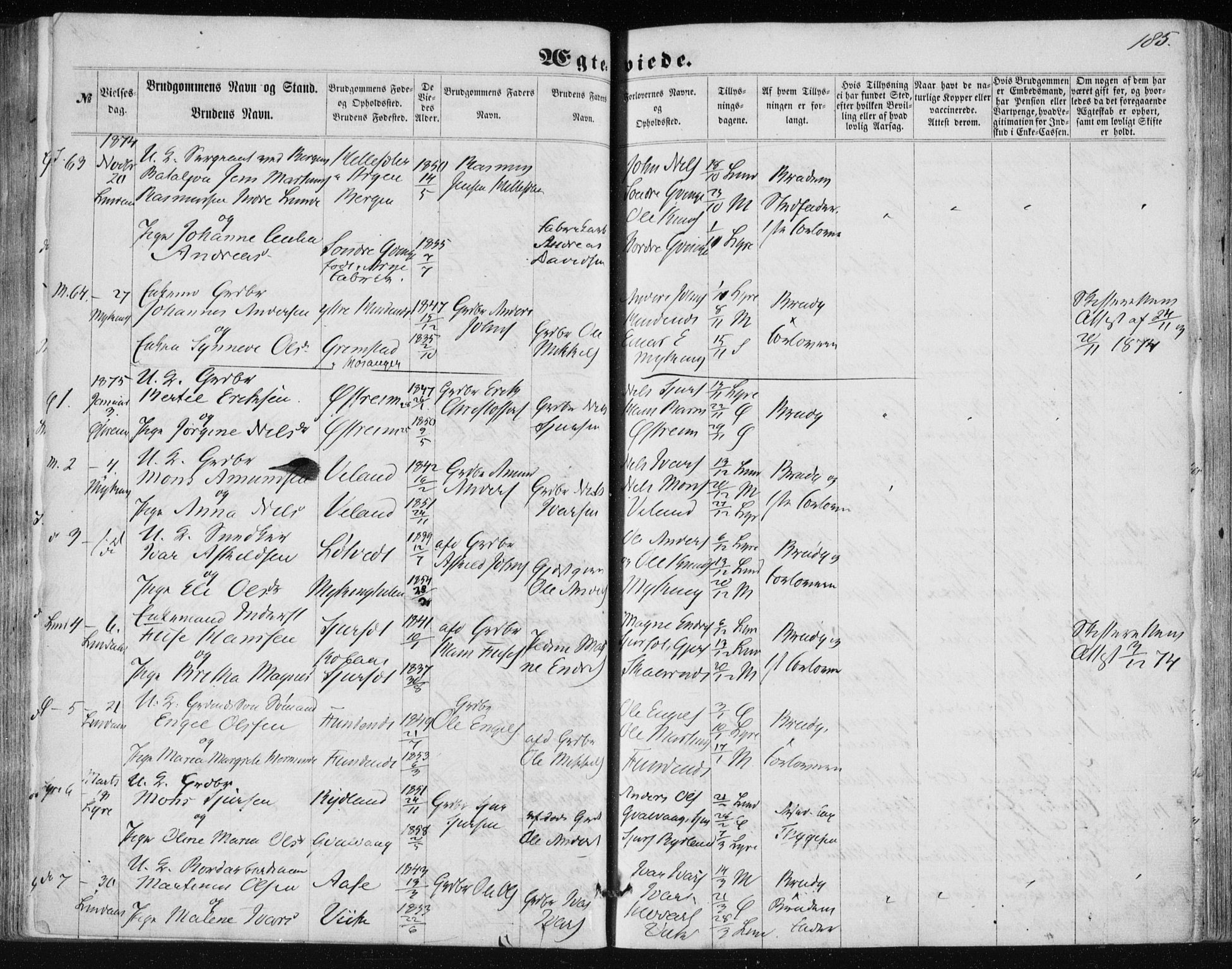 Lindås Sokneprestembete, SAB/A-76701/H/Haa: Parish register (official) no. A 16, 1863-1875, p. 185