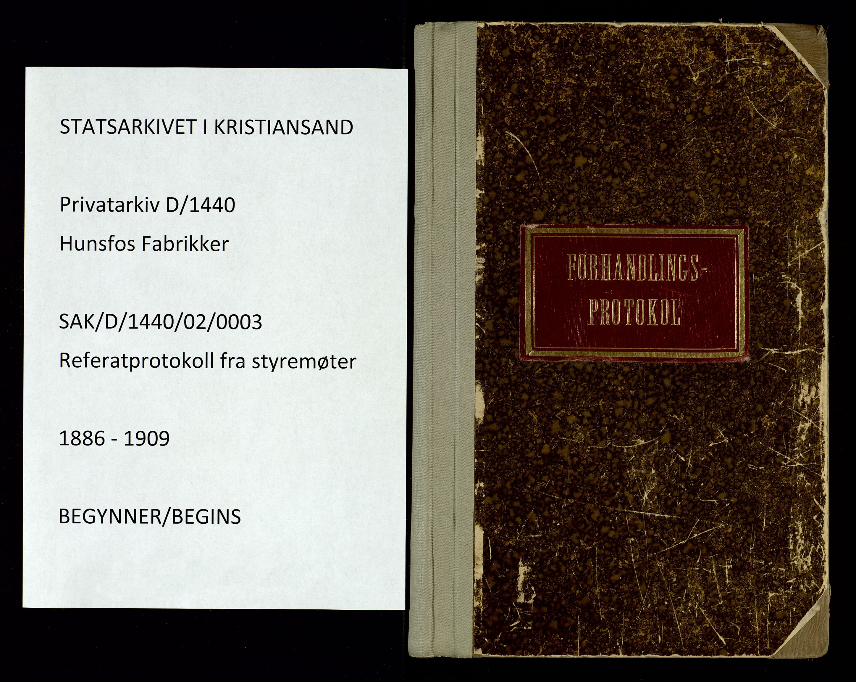 Hunsfos fabrikker, SAK/D/1440/02/L0003: Referatprotokoll fra styremøter, 1886-1909, p. 1