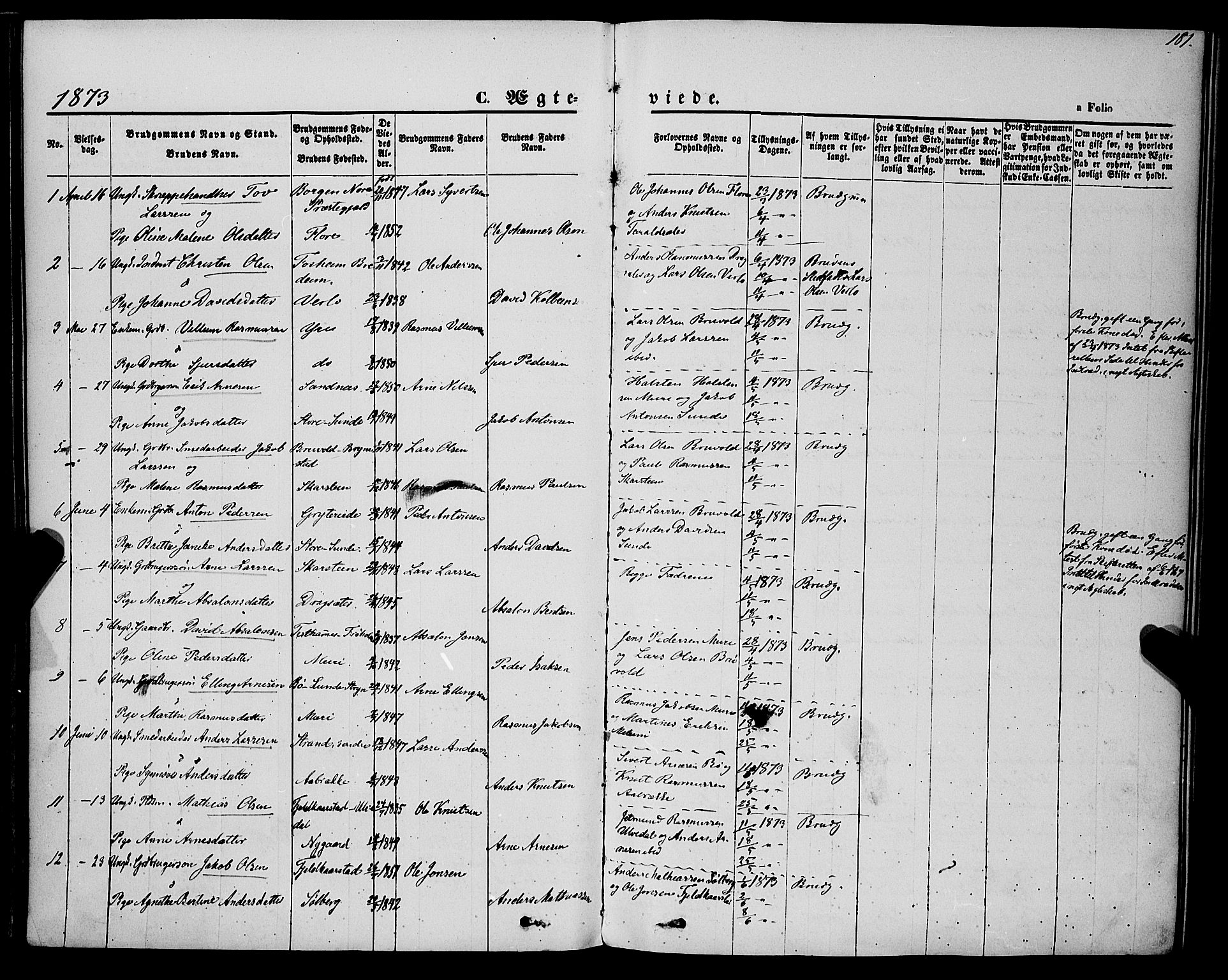 Innvik sokneprestembete, AV/SAB-A-80501: Parish register (official) no. A 6, 1865-1878, p. 181