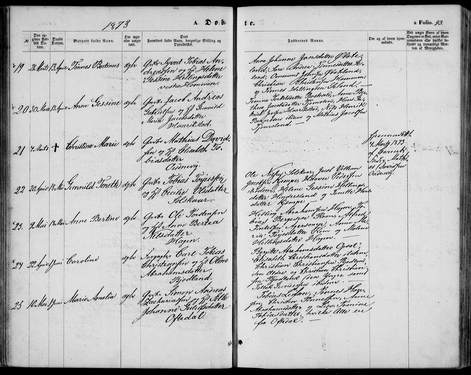 Lyngdal sokneprestkontor, AV/SAK-1111-0029/F/Fa/Fac/L0010: Parish register (official) no. A 10, 1865-1878, p. 93