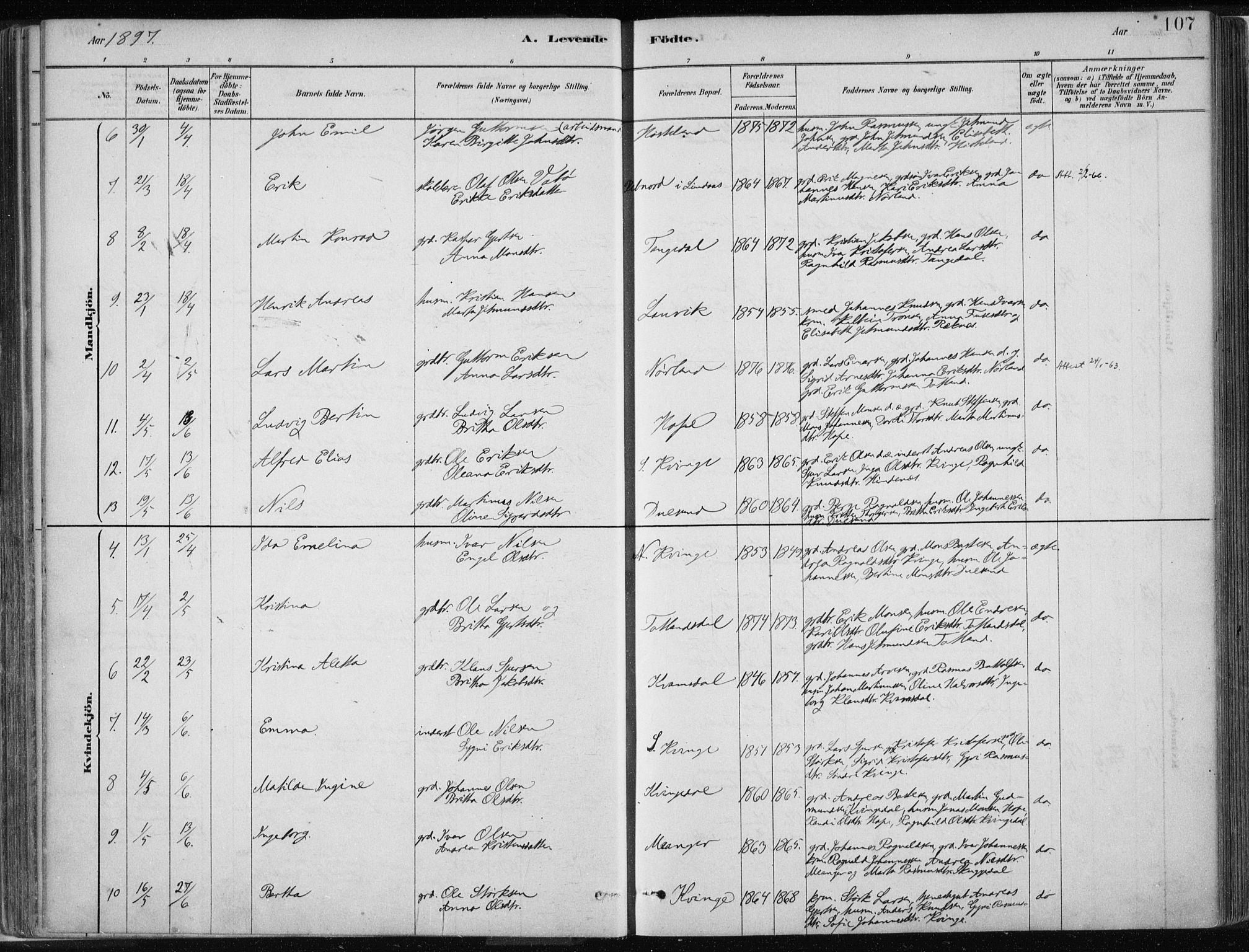 Masfjorden Sokneprestembete, SAB/A-77001: Parish register (official) no. B  1, 1876-1899, p. 107