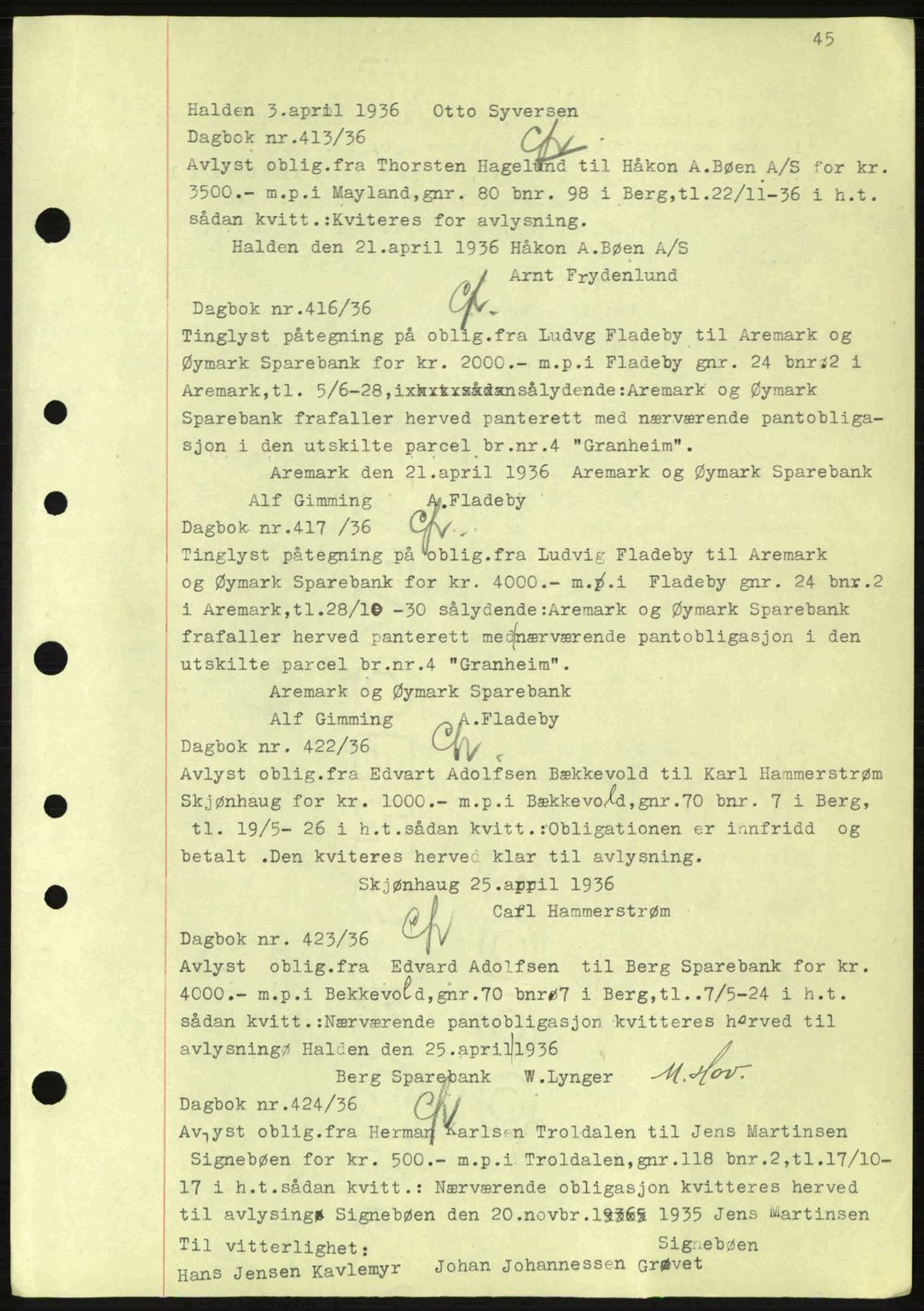 Idd og Marker sorenskriveri, AV/SAO-A-10283/G/Gb/Gbc/L0001: Mortgage book no. B1-3, 1936-1939, Diary no: : 413/1936