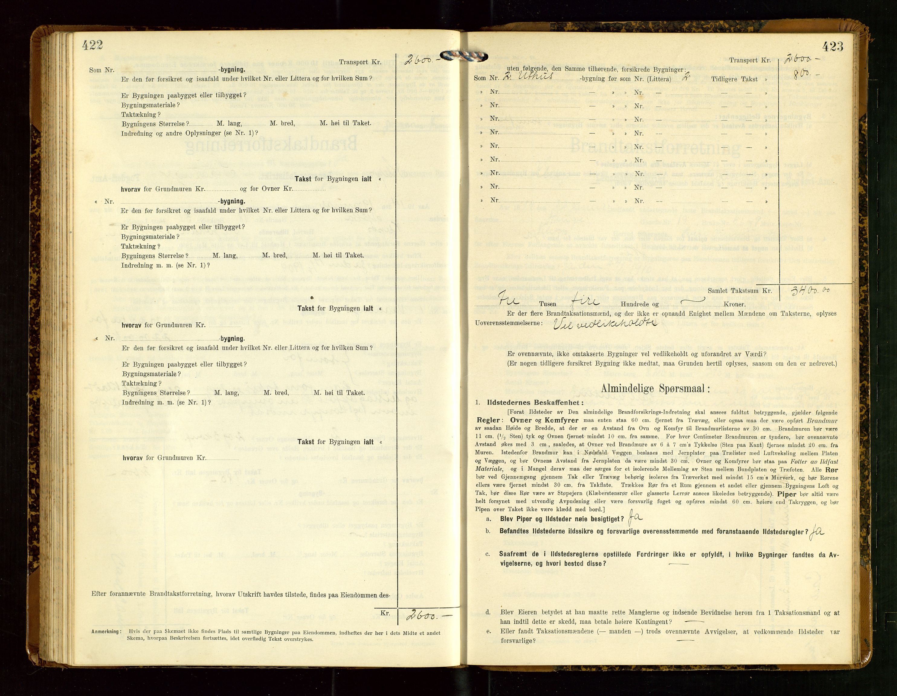 Klepp lensmannskontor, AV/SAST-A-100163/Goc/L0007: "Brandtaxationsprotokol" m/register, 1911-1915, p. 422-423