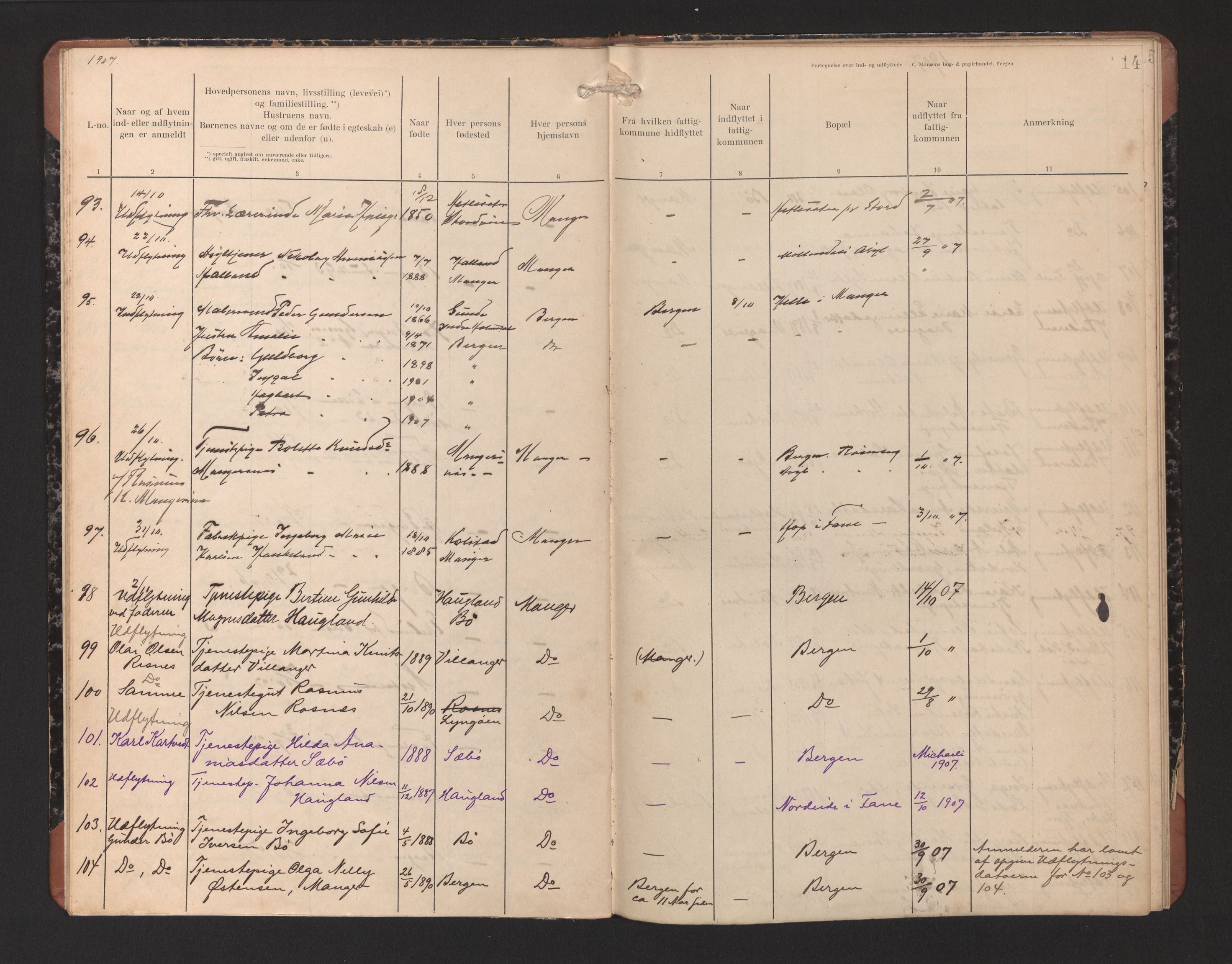 Lensmannen i Manger, AV/SAB-A-33701/0020/L0002: Protokoll over inn- og utflytte, 1906-1911, p. 14