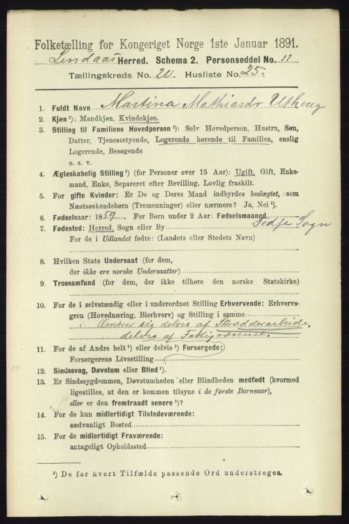 RA, 1891 census for 1263 Lindås, 1891, p. 7506