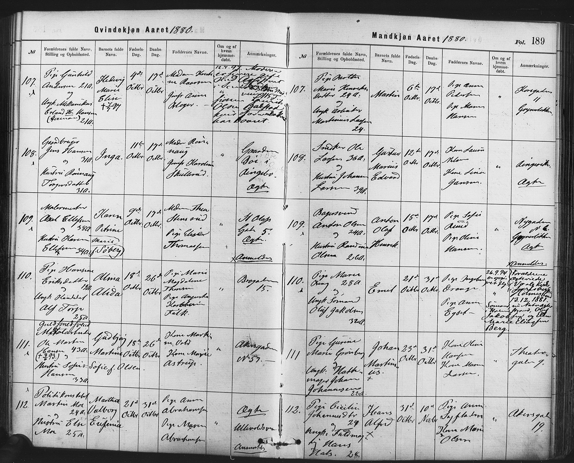 Rikshospitalet prestekontor Kirkebøker, SAO/A-10309b/F/L0006: Parish register (official) no. 6, 1871-1885, p. 189