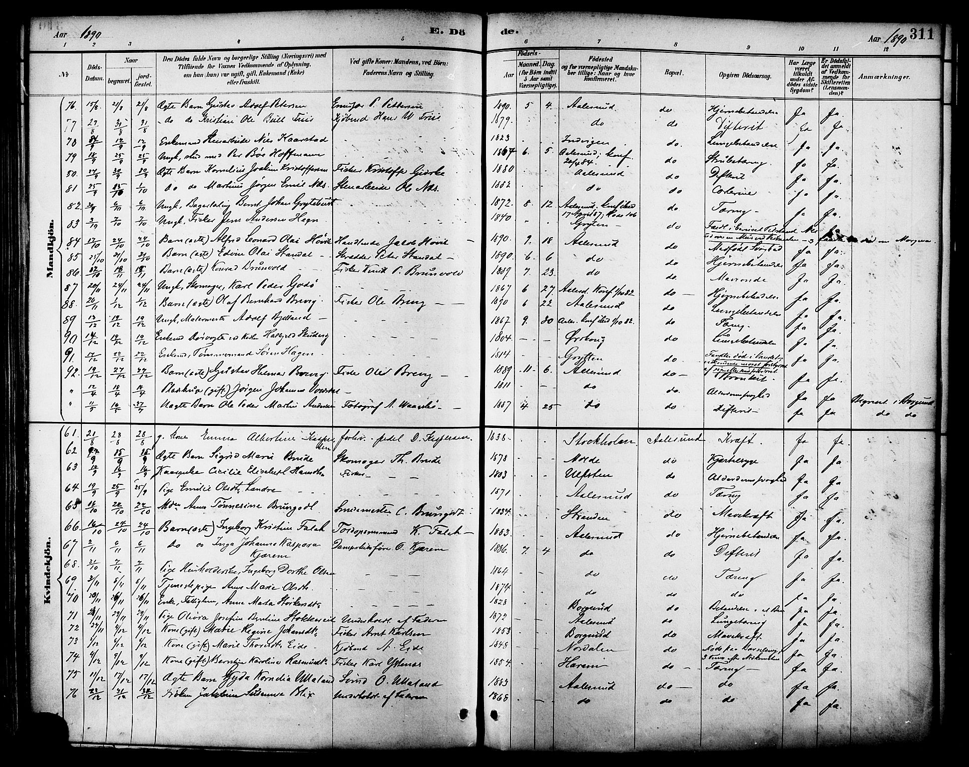 Ministerialprotokoller, klokkerbøker og fødselsregistre - Møre og Romsdal, AV/SAT-A-1454/529/L0455: Parish register (official) no. 529A05, 1885-1893, p. 311