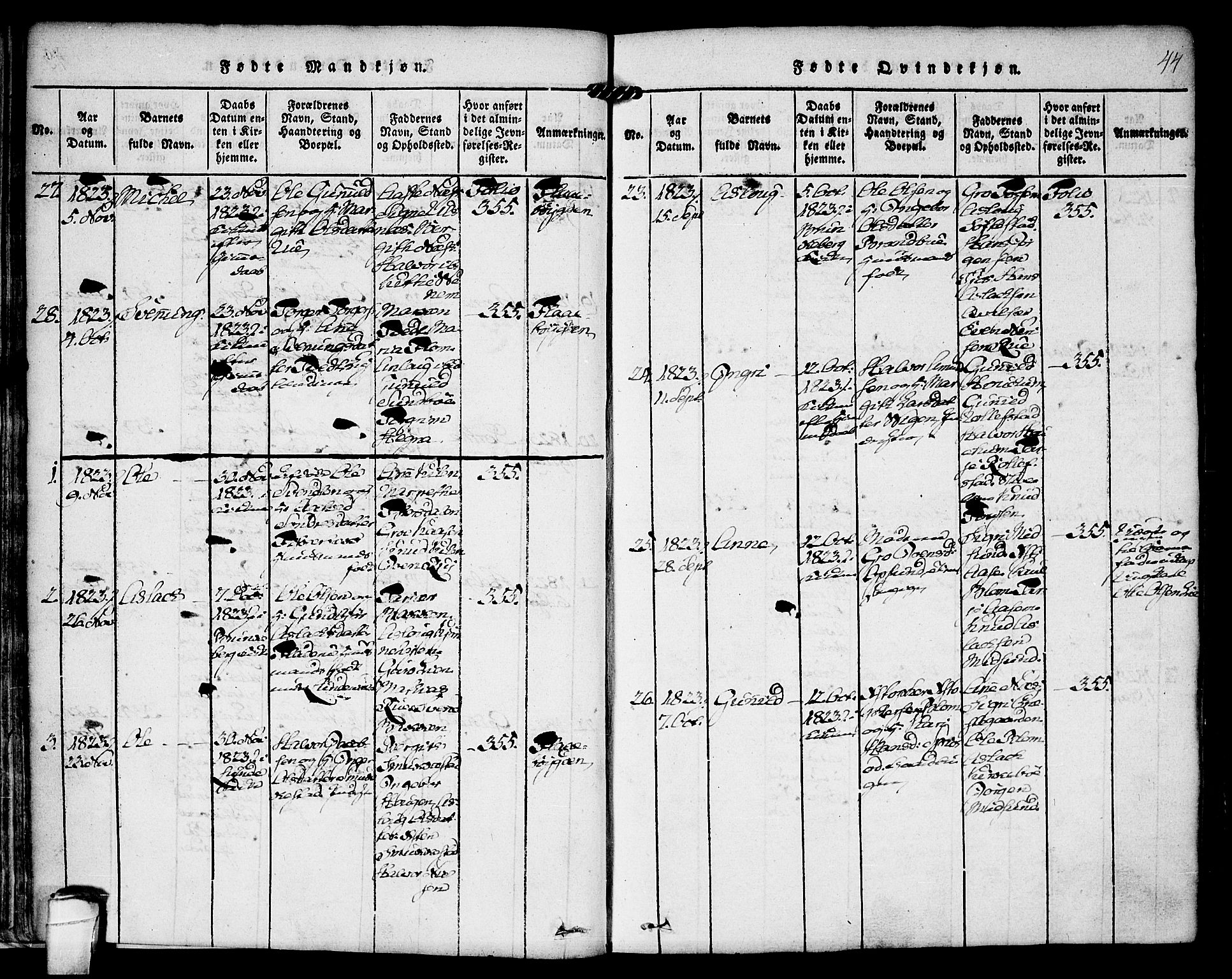 Kviteseid kirkebøker, SAKO/A-276/F/Fa/L0005: Parish register (official) no. I 5, 1815-1836, p. 44