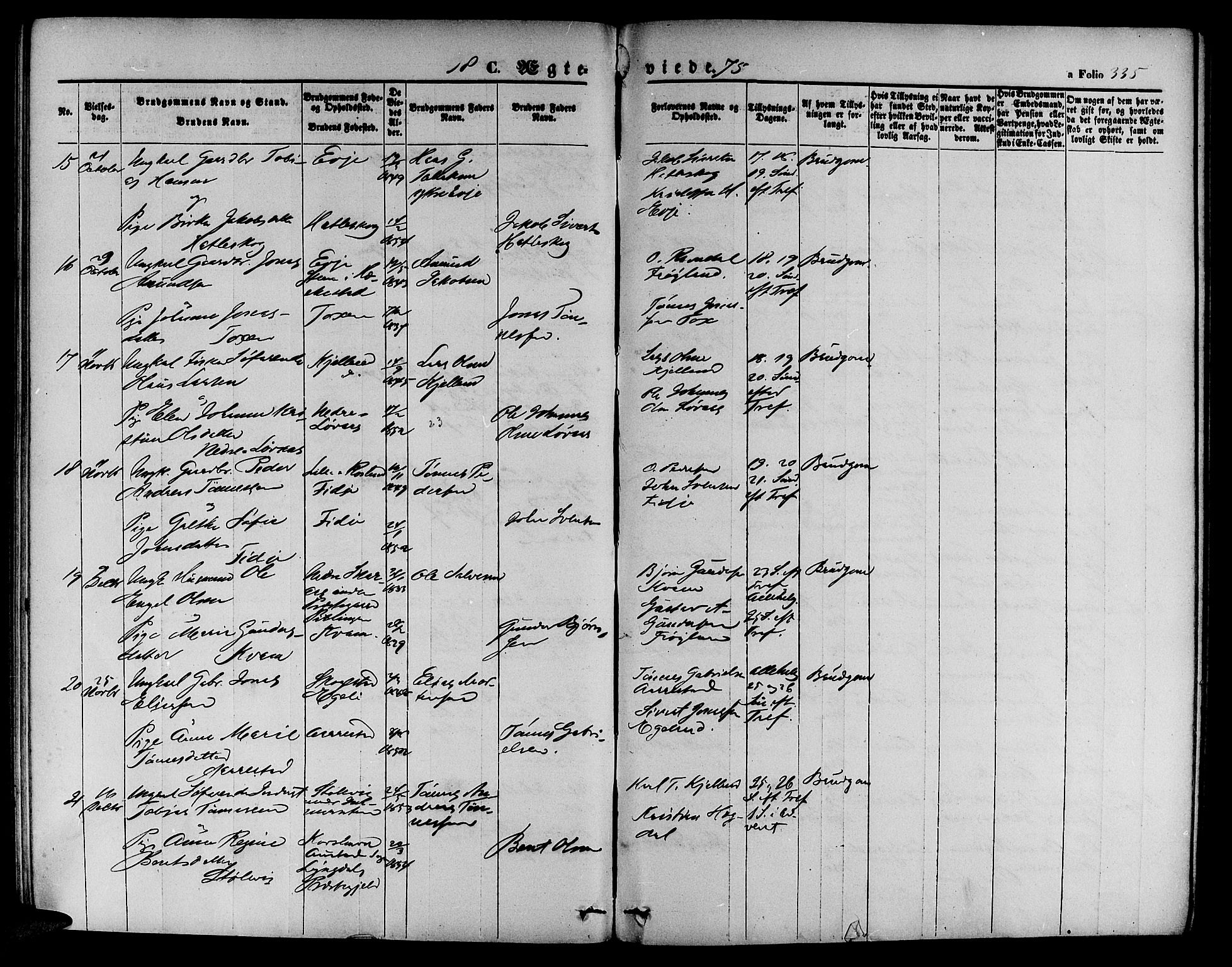 Sokndal sokneprestkontor, SAST/A-101808: Parish register (copy) no. B 3, 1865-1879, p. 335