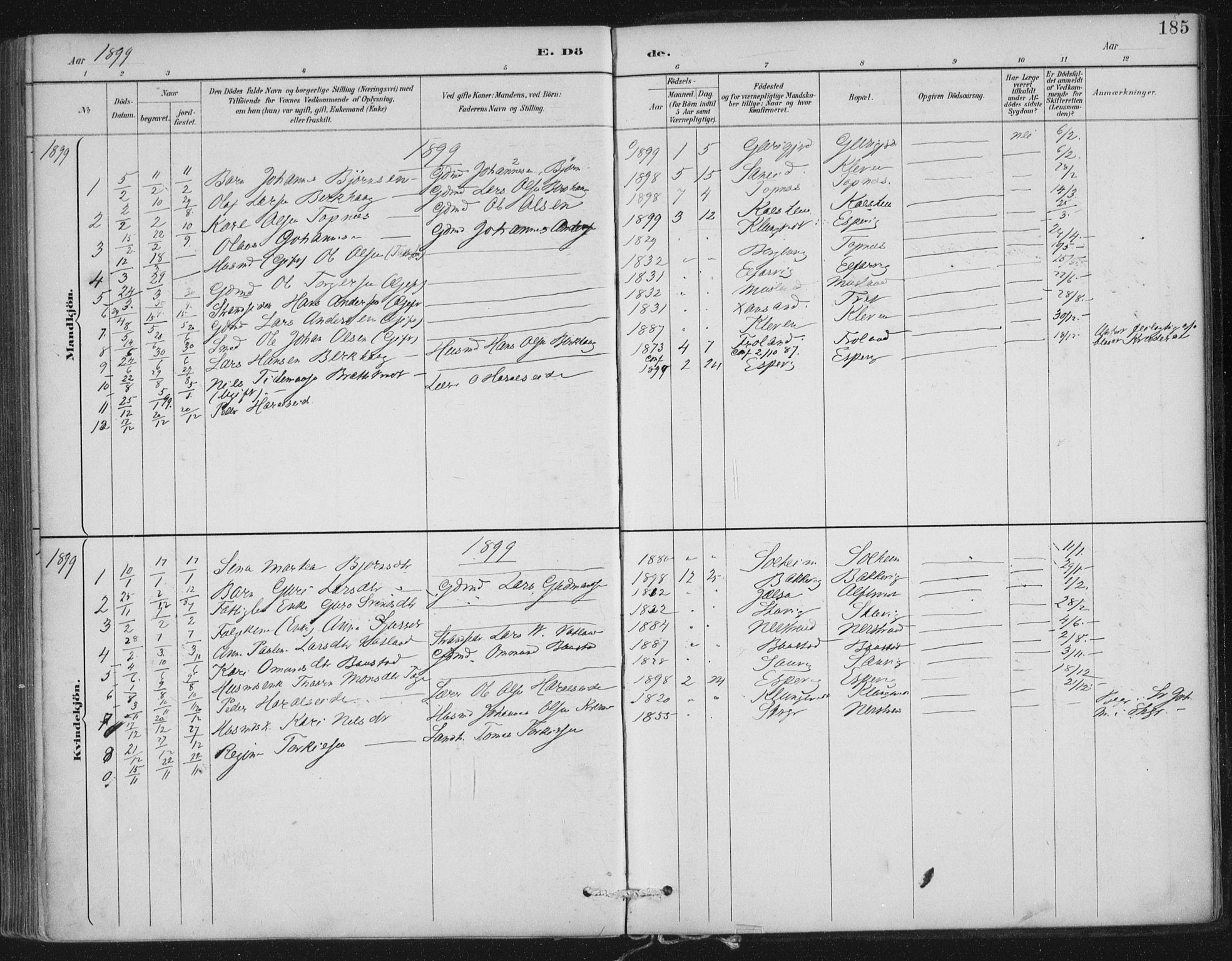 Nedstrand sokneprestkontor, AV/SAST-A-101841/01/IV: Parish register (official) no. A 12, 1887-1915, p. 185