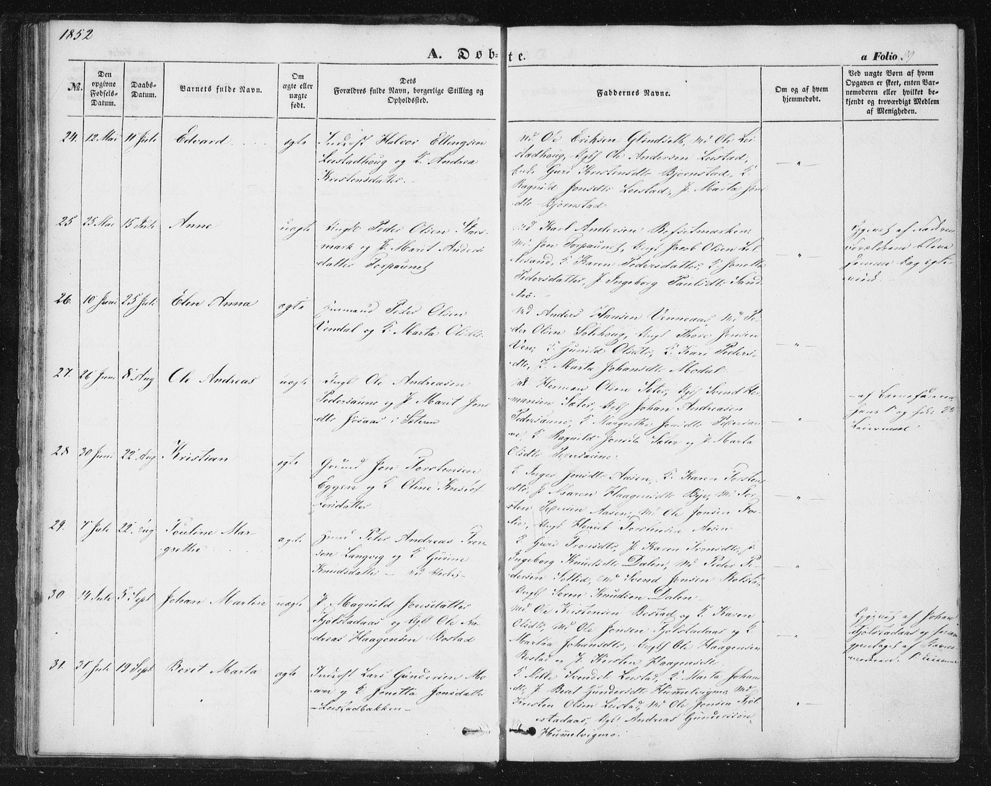 Ministerialprotokoller, klokkerbøker og fødselsregistre - Sør-Trøndelag, AV/SAT-A-1456/616/L0407: Parish register (official) no. 616A04, 1848-1856, p. 29