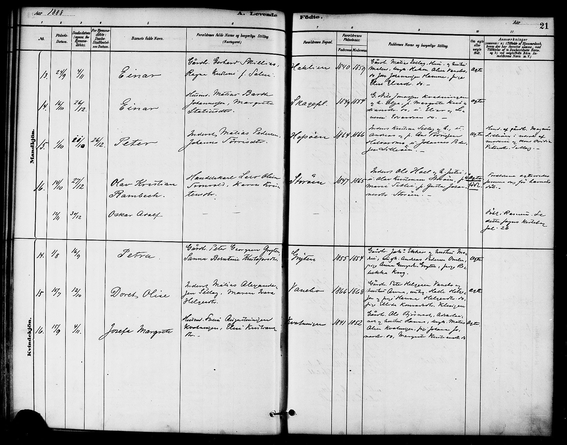 Ministerialprotokoller, klokkerbøker og fødselsregistre - Nord-Trøndelag, SAT/A-1458/766/L0563: Parish register (official) no. 767A01, 1881-1899, p. 21