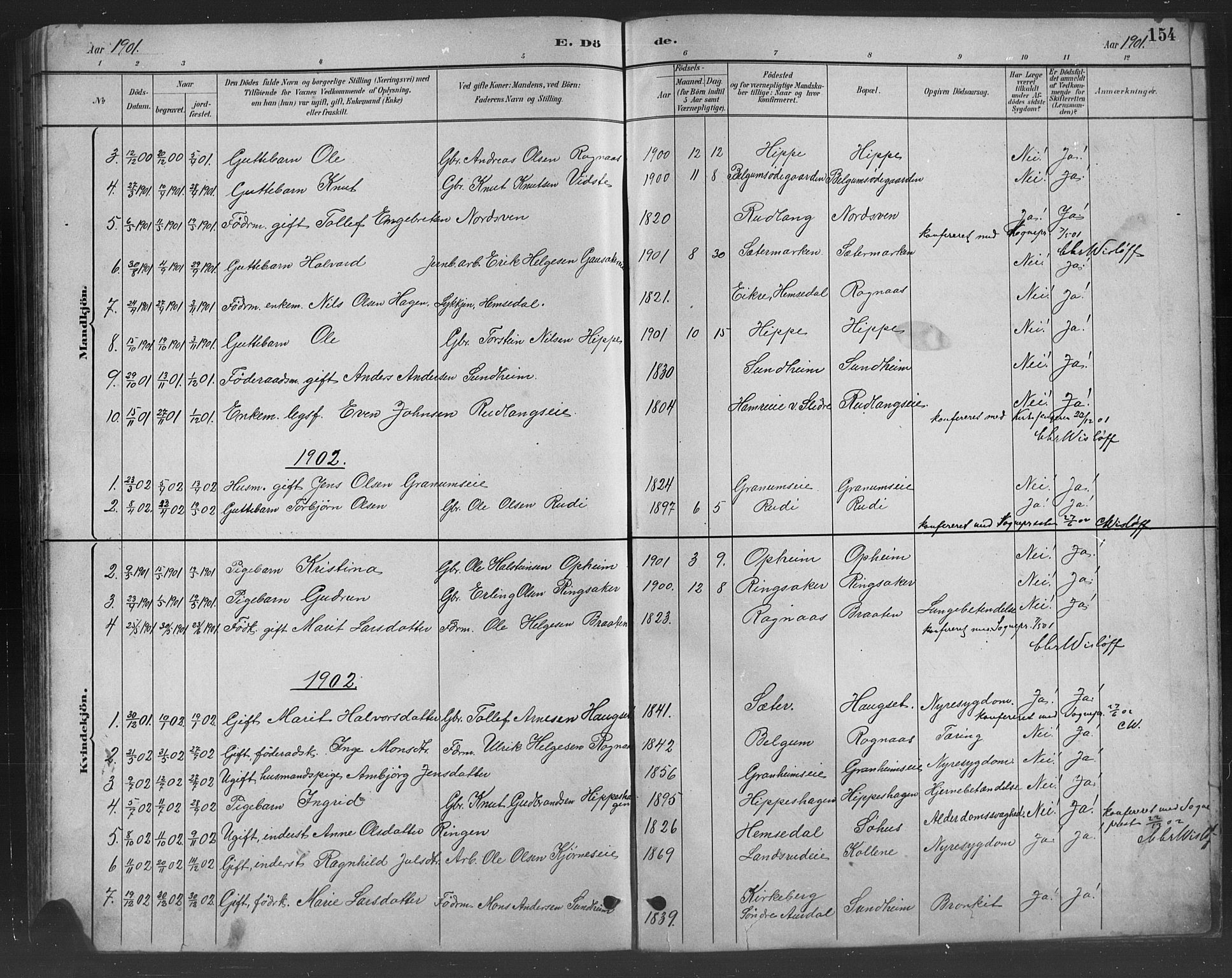 Nord-Aurdal prestekontor, SAH/PREST-132/H/Ha/Hab/L0008: Parish register (copy) no. 8, 1883-1916, p. 154