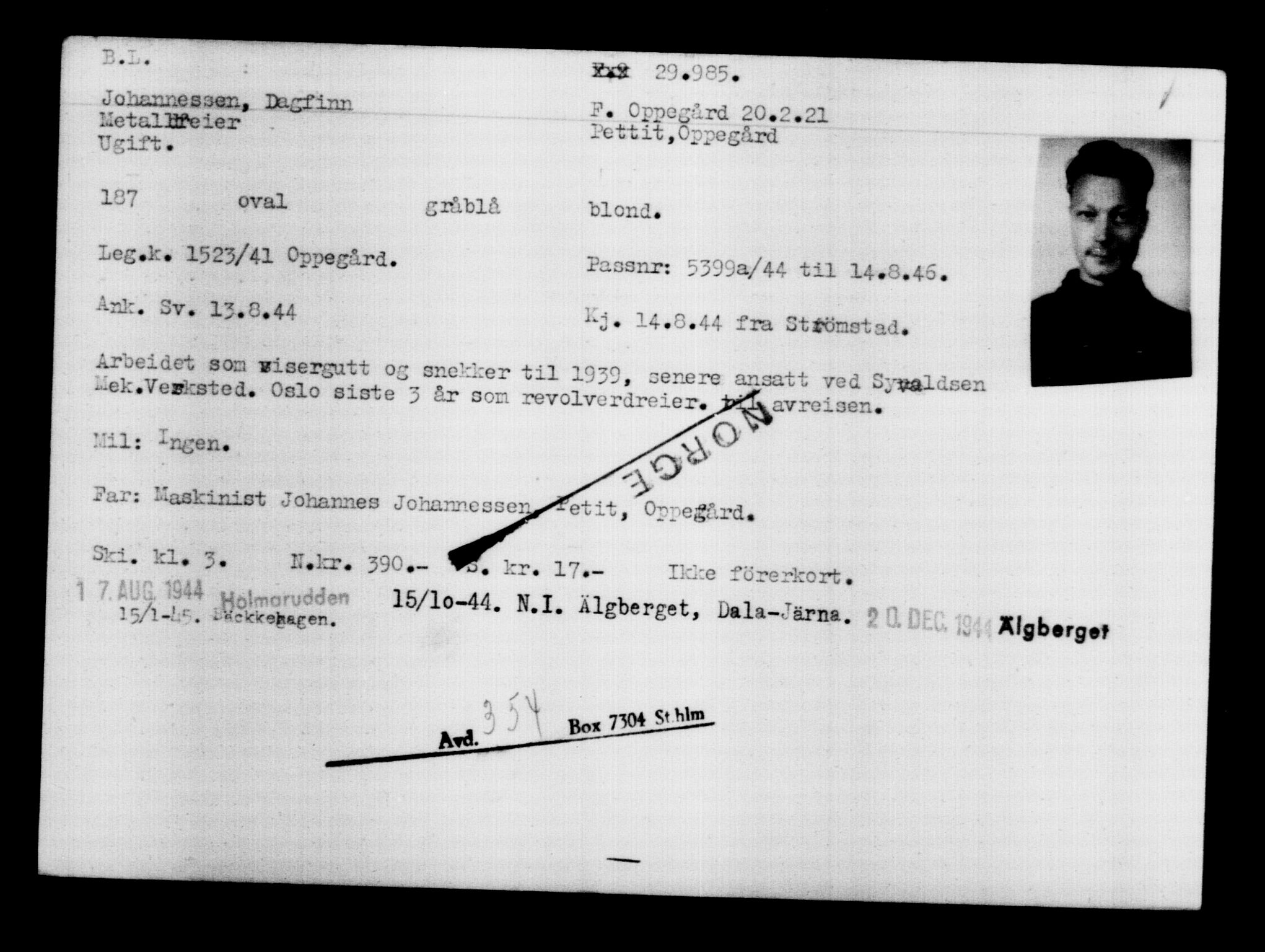 Utenriksstasjonene, Legasjonen i Stockholm, Flyktningkontoret, AV/RA-S-6753/V/Va/L0012: Kjesäterkartoteket, flyktninger med registreringsnr. 28300-31566, 1940-1945, p. 1855