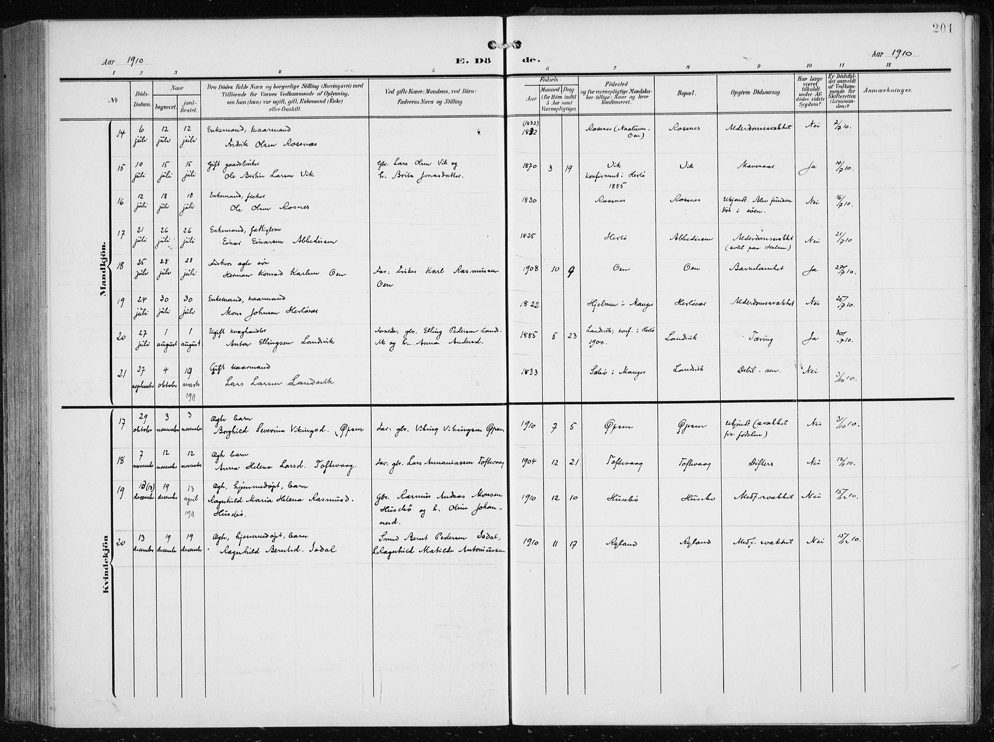 Herdla Sokneprestembete, AV/SAB-A-75701/H/Haa: Parish register (official) no. A 5, 1905-1918, p. 201