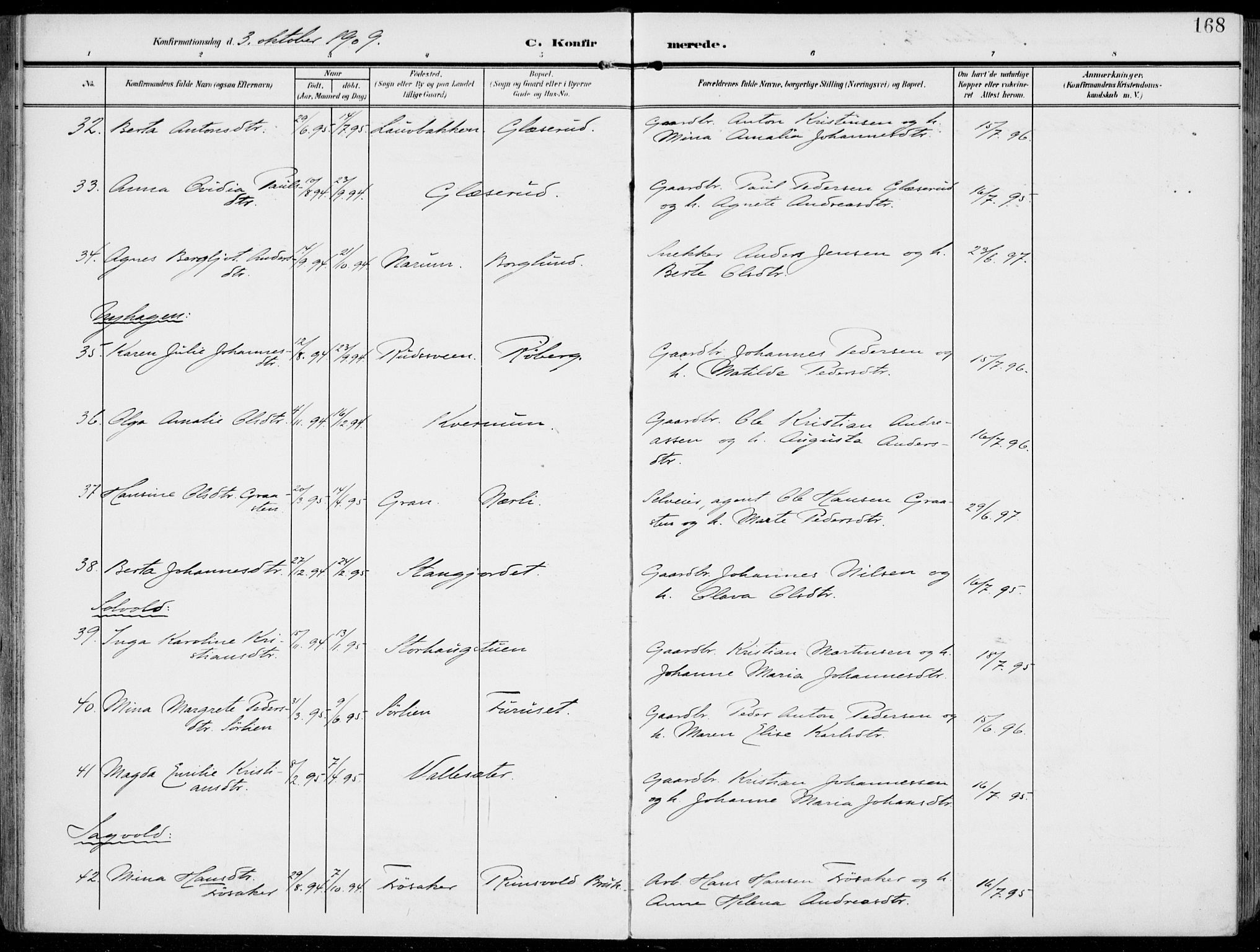 Vestre Toten prestekontor, AV/SAH-PREST-108/H/Ha/Haa/L0014: Parish register (official) no. 14, 1907-1920, p. 168