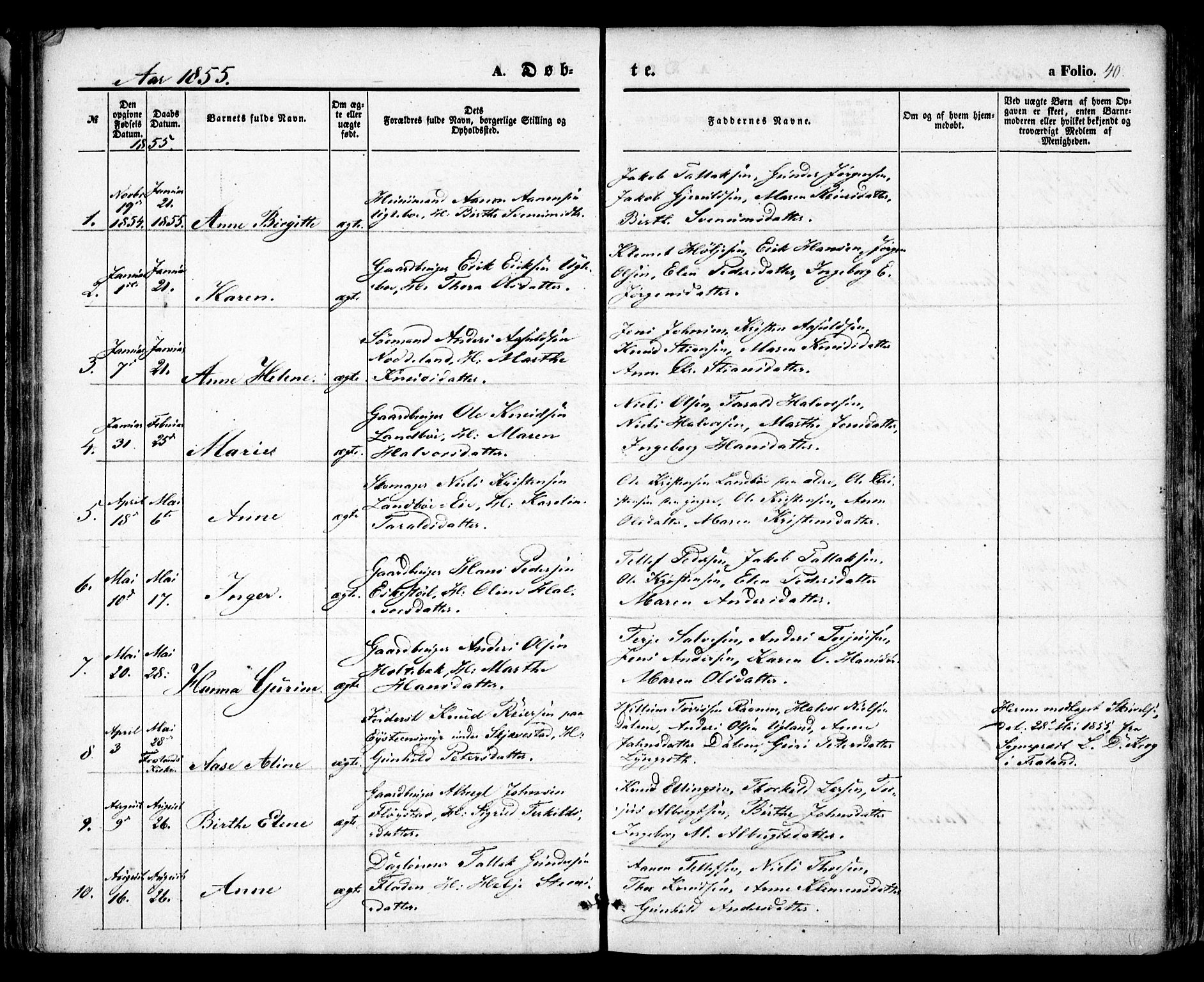 Austre Moland sokneprestkontor, SAK/1111-0001/F/Fa/Faa/L0007: Parish register (official) no. A 7, 1847-1857, p. 40